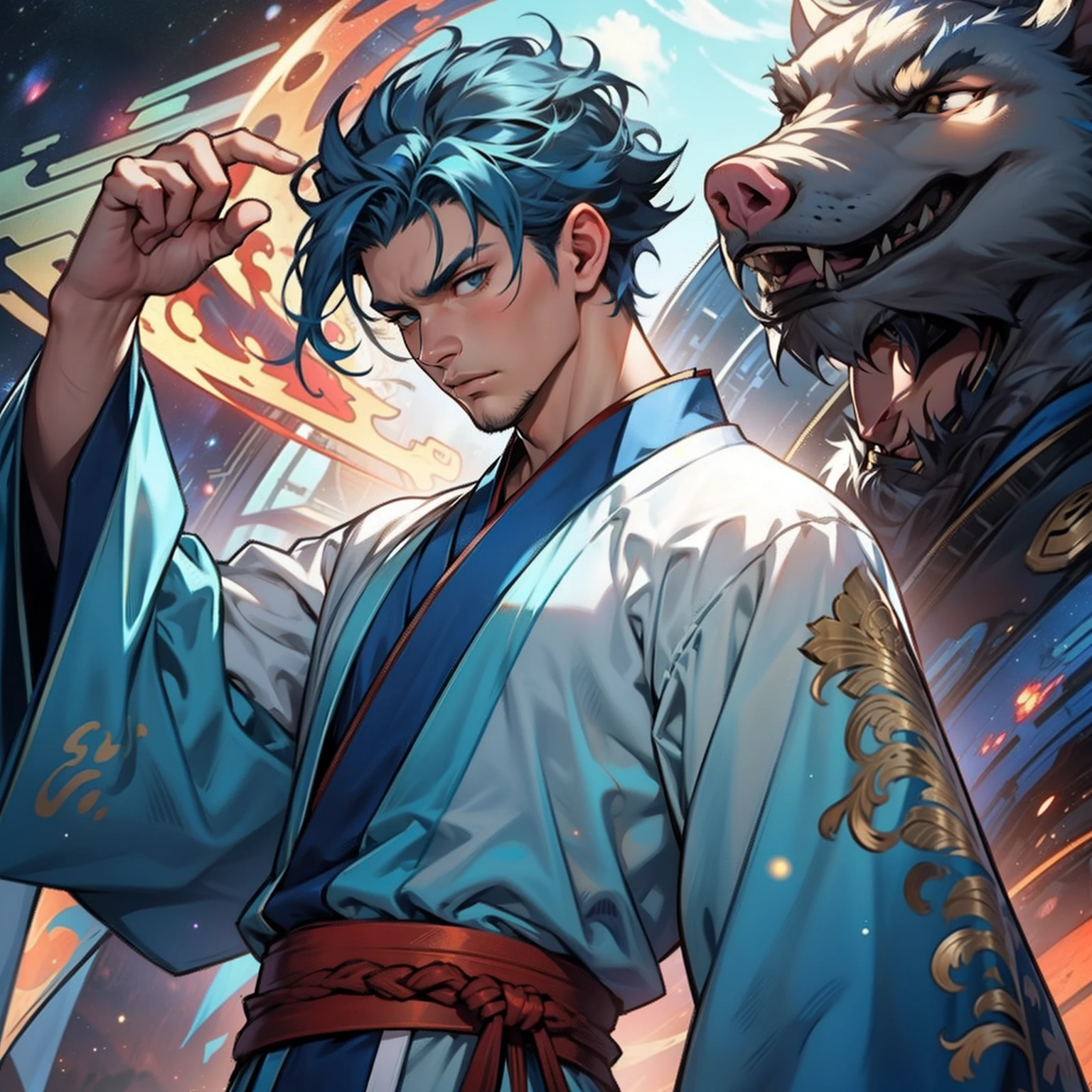 3. （1人） （1 boy，（（（Blue Hanfu））），（brunette color hair））），（1male people））），（ember）.（（（Bluecoat））），（（Blue Hanfu youth）），（（Bluecoat）） ， （（Light blue hair））），handsome，Have powerful resources，But his strength is only in the deep space realm，He was stupid as a pig（Background with：1 boy，（（（Blue Hanfu））），（brunette color hair））），（（（））。（（Bluecoat））），（（Light blue Hanfu youth）），（（Bluecoat）），（（blue  hair））），Handsome，arrogant）