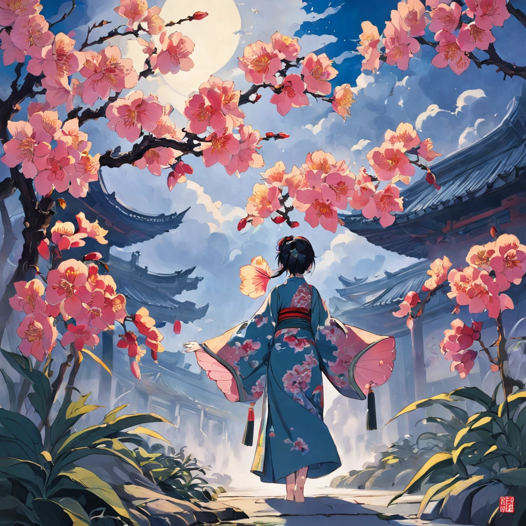 Zhuang Zhou,ukiyoe painting,Huge flowers,an orchid flower,夏天