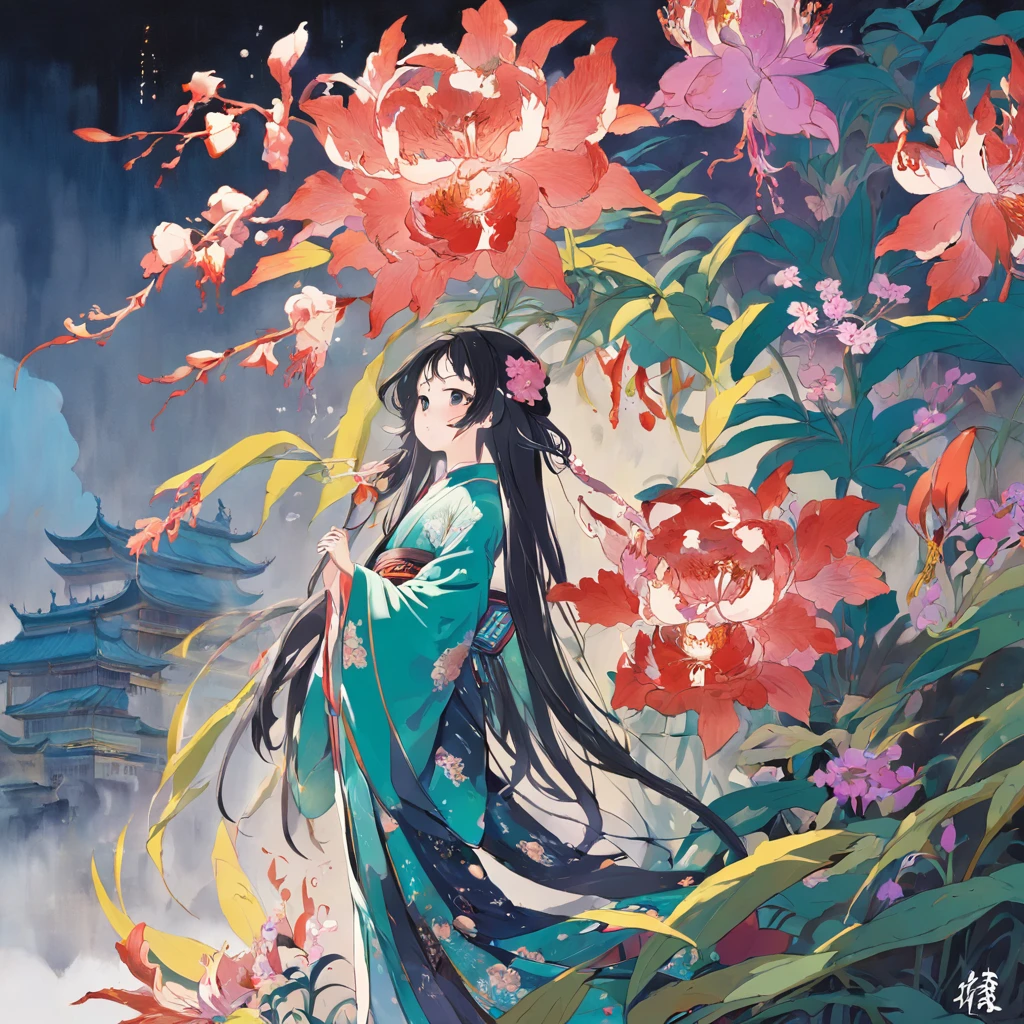 Zhuang Zhou,ukiyoe painting,Huge flowers,an orchid flower,夏天