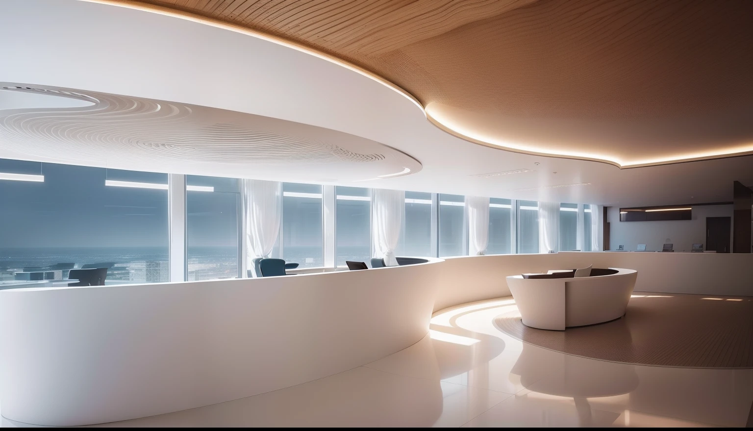 a white reception table with a curved design in a large lobby, lighting turn on in ceiling, back ground is ( perfect )white wall ( lighting realistic, see throung office workspace), details design, great design interior