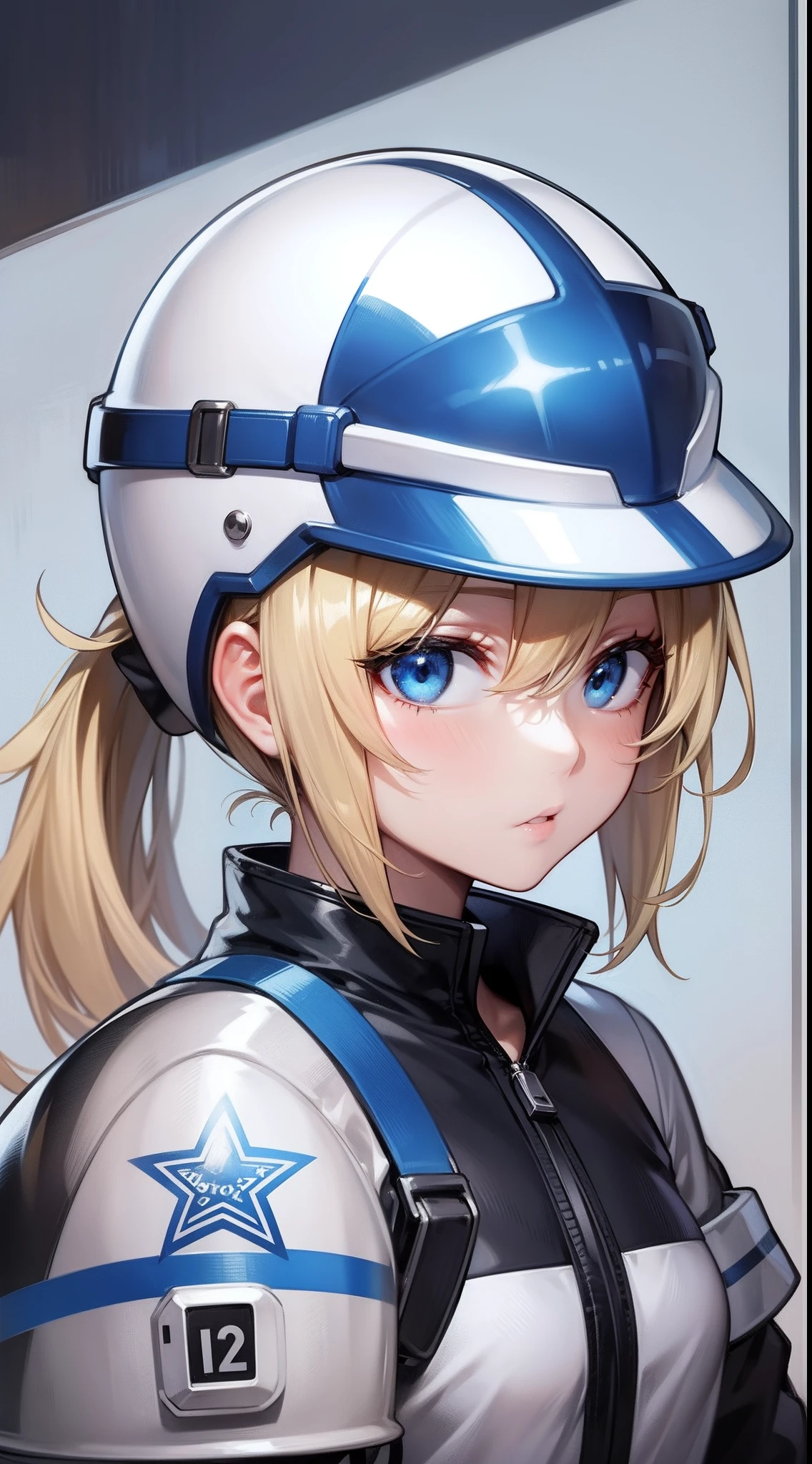 Blonde single ponytail，eBlue eyes，white helmet，There is a blue star on the helmet，Goggle helmet，Red shoes，Blue and white color matching clothes，best qualtiy，4k画质，Highest image quality