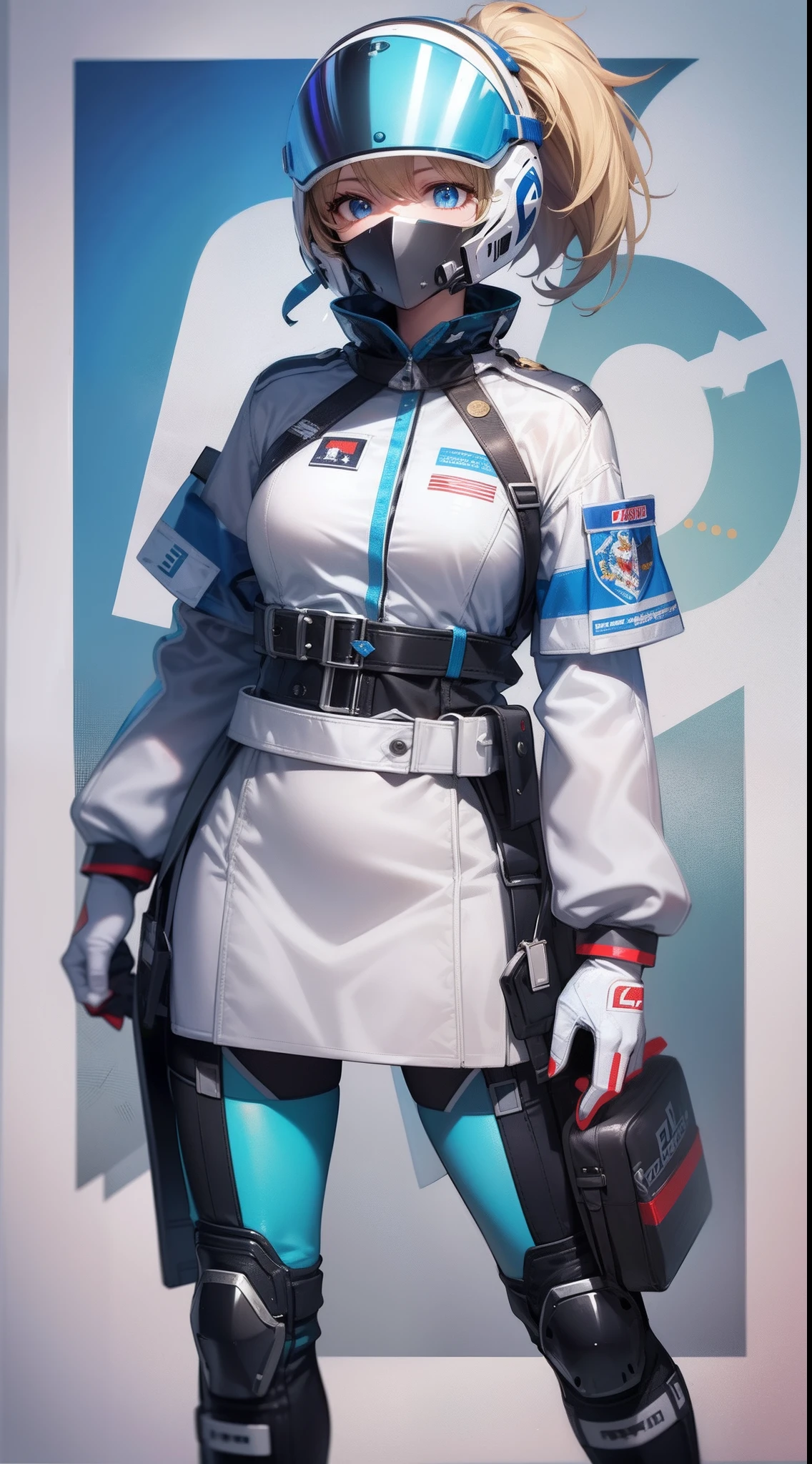 Blonde single ponytail，eBlue eyes，white helmet，There is a blue star on the helmet，Goggle helmet，Red shoes，Blue and white color matching clothes，best qualtiy，4k画质，Highest image quality