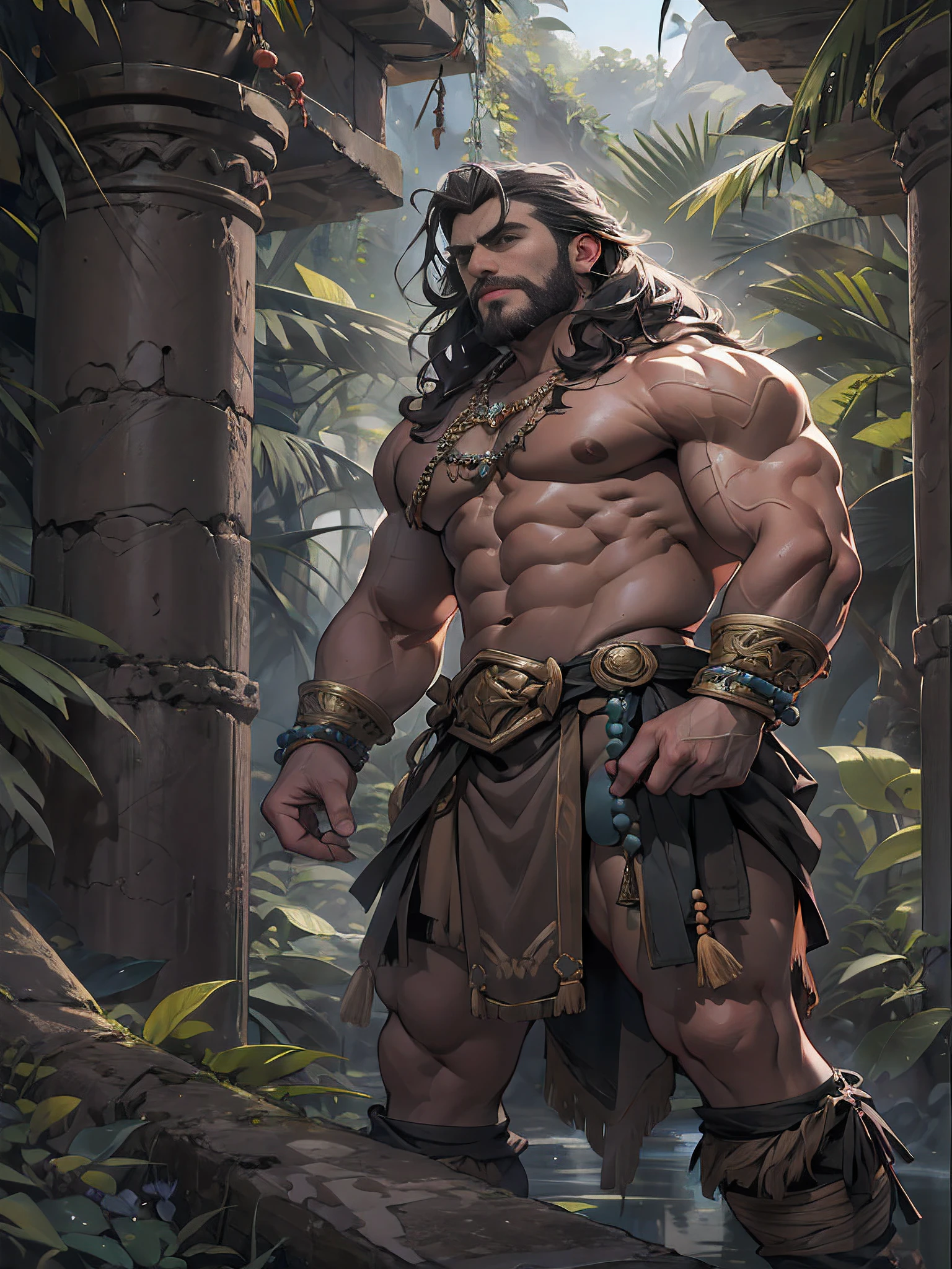 Muscular barbarian, parte superior do corpo, uncovered lower body from thighs to feet, Bearded with beads, cachos longos e fluidos, detalhes musculares intrincados, Arte Fotorrealista, Qualidade 4k. Background Story: Dense jungle with ancient ruins,UHD 32k, best quality, master part, Super Detalhe, Detalhes altos