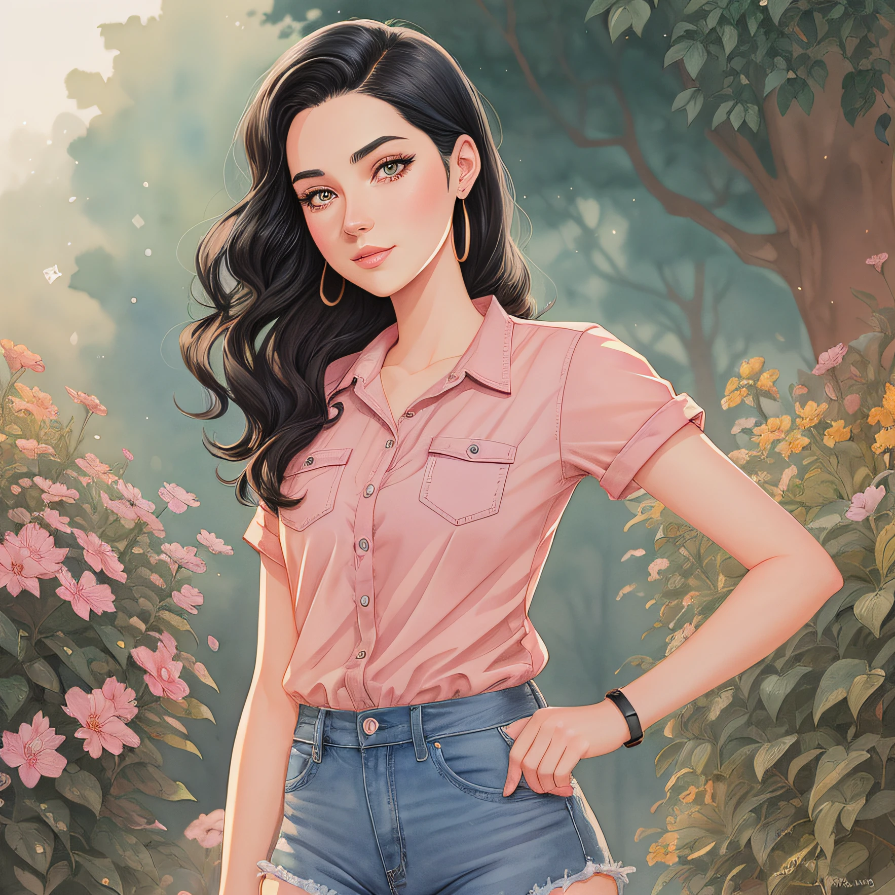 drawing of a 25 year old woman with black hair color drawing, detailed eyes .color sketch, Bowater art style, watercolor art style, color illustration, digital color illustration, Lois van Baarle and Rossdraw, procreate illustration, cartoon art, in color illustration style, Color portrait