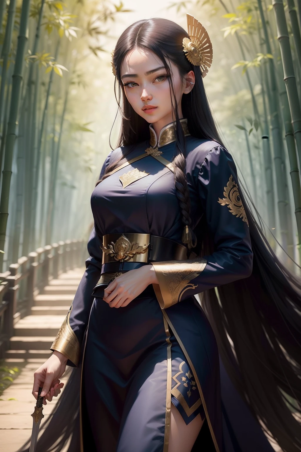 Beautiful woman in navy blue outfit,Long flowing hair and delicate facial features,It exudes purity, Noble and confident temperament。Armed with the general's sword and elaborate clothes, He showed the Chinese style,dynamic viewing angle,full of seduction,Deep in the bamboo forest,In the bamboo forest,Bamboo leaves fall,Small safflower,bamboo forest background,The clouds are thick,Dramatic composition,k hd,The facial features are very delicate,Emulate 8K
