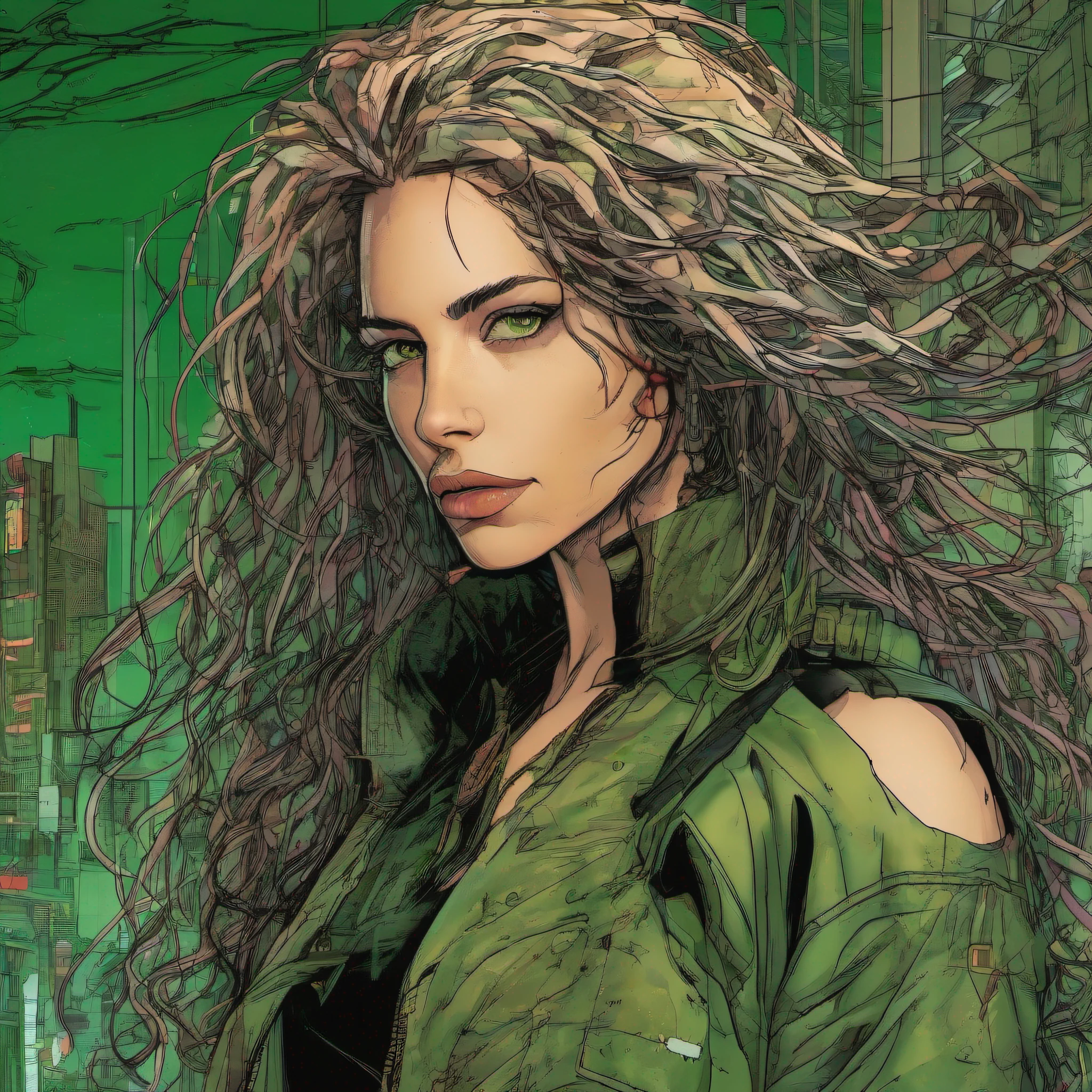 Tzindi Dexter is a cyberpunk girl like Claire Forlani merged with Claire Danes, (masterpiece:1.3), best quality, official art, portrait, ultra detailed, graphic novel \(style\) like Spawn, long hair, curly hair, green hair, green eyes, choker, art by [Todd McFarlane],