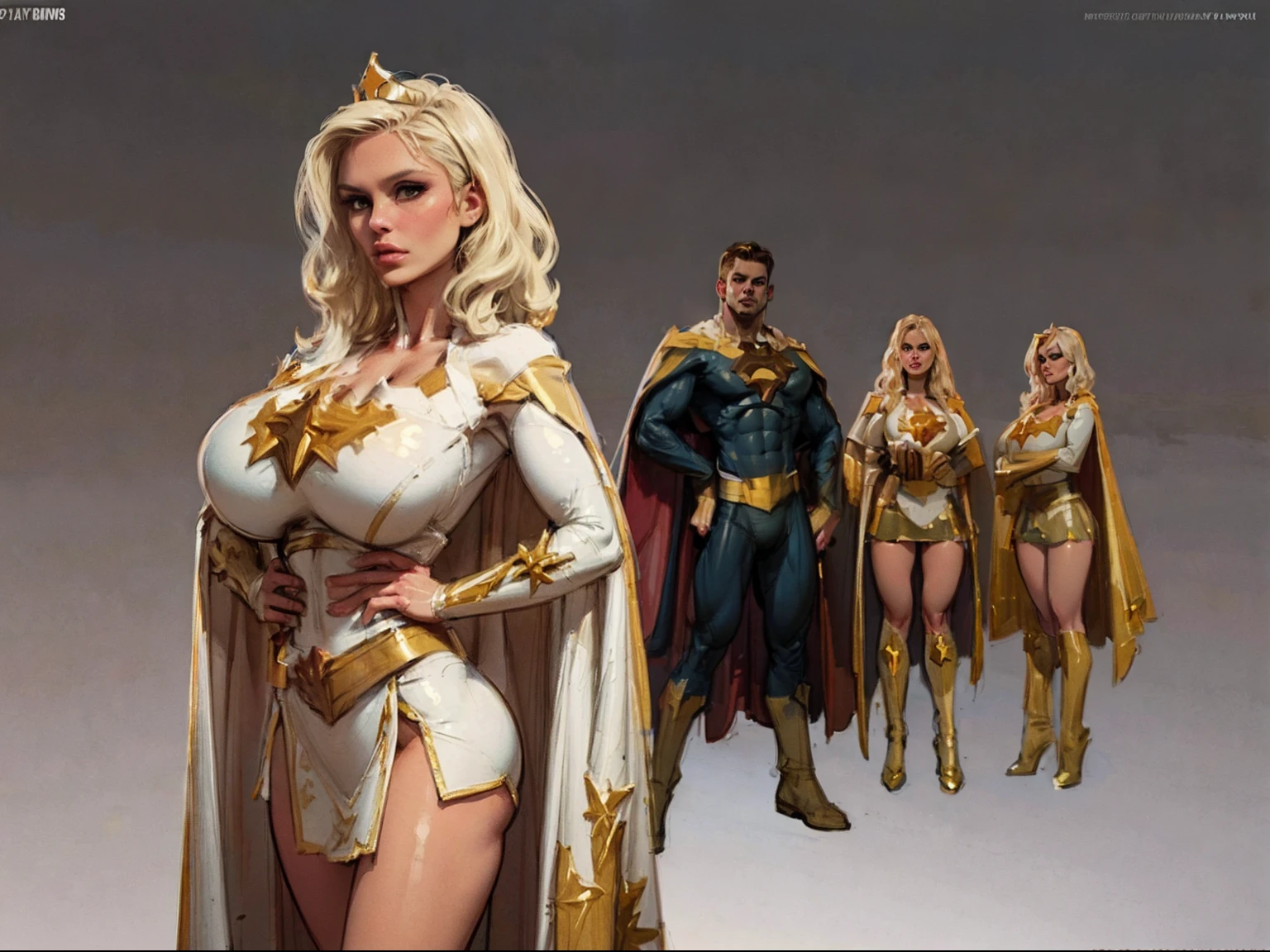 ((masterpiece)),(((best quality))),((character design sheet)), illustration,1woman, ((starlight:1.2)) theboys, environment Scene change,  muscular, (gigantic breasts:1.3), (black legs), thick legs, (royalty cape:1.5), scribbles and marks, fire, ((detailed face:1.1)), rough sketches, pose too, platinum blonde, black and gold color palette, 8k,16k, (simple background, light background: 1.3)