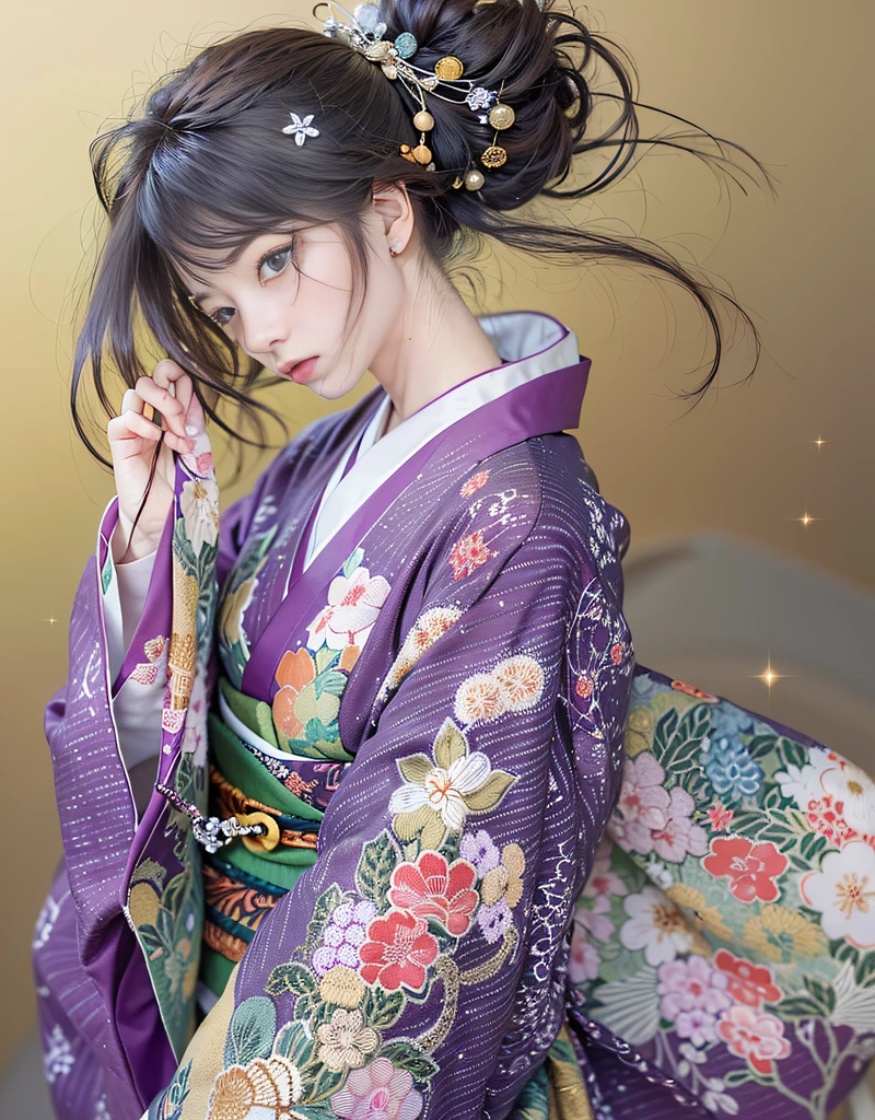 (Beautiful model in Japanese kimono commercial, beautiful straight long black hair), solo, ((face is 80% beauty and elegance, 20% pretty and cute:1.5)), clear eyes, (detailed eyes, light green eyes, bright pupils), Double Eyelids, (sexy lips with a little thickness:1.2), ((super detailed and incredibly high resolution Deep-purple Kimono:1.2)), Highly Detailed Face Texture, striking body shape, curvy and very attractive woman, high-resolution RAW color photo pro photo, BREAK ultra high-resolution textures, High-res body rendering, big eyes, unparalleled masterpiece, incredible high resolution, super detailed, stunning ceramic skin, BREAK ((Facing back to show the pattern of the Kimono:1.5)), ((Wearing a Yohen-Tenmoku kimono that uses a lot of glittering Deep-purple:1.5)), ((The main color is Deep-purple and the Yohen-Tenmoku Kimono has very colorful embroidery:1.2)), (Half-collar and Obi are White) ,(elaborately made classical Japanese Yohen-Tenmoku Kimono), ((The embroidery pattern is a Yohen Tenmoku pattern reminiscent of outer space):1.2), ((elaborately and elegantly decorated Deep-purple Kimono)), (Taken in front of a round fusuma window in a Japanese-style room)) BREAK ((Best Quality, 8k)), Crisp Focus:1.2, (Layer Cut, Big:1.2), (Beautiful Woman with Perfect Figure:1.4), (Beautiful and elegant rear view:1.3), Slender waist, (Correct hand shape:1.5), (Full body shot | cowboy shot)