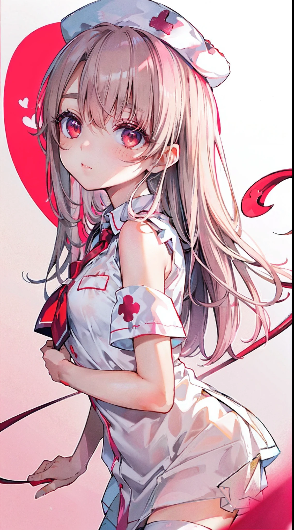 High detail, Heart-shaped pupils，Nurse hat，Pink nurse's uniform，Love pupils，cropped shoulders，Red Cross，Slender maiden,highly rendered，detailed face with，white stockings，hason，