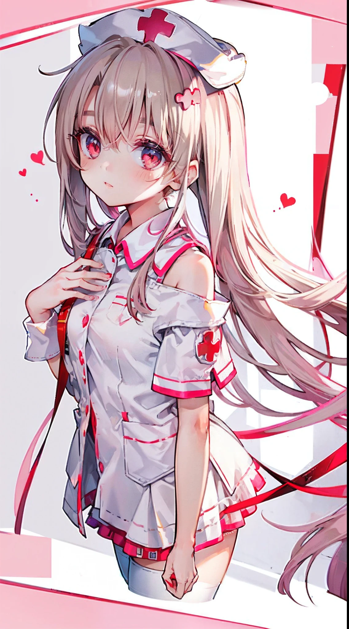 High detail, Heart-shaped pupils，Nurse hat，Pink nurse's uniform，Love pupils，cropped shoulders，Red Cross，Slender maiden,highly rendered，detailed face with，white stockings，hason，