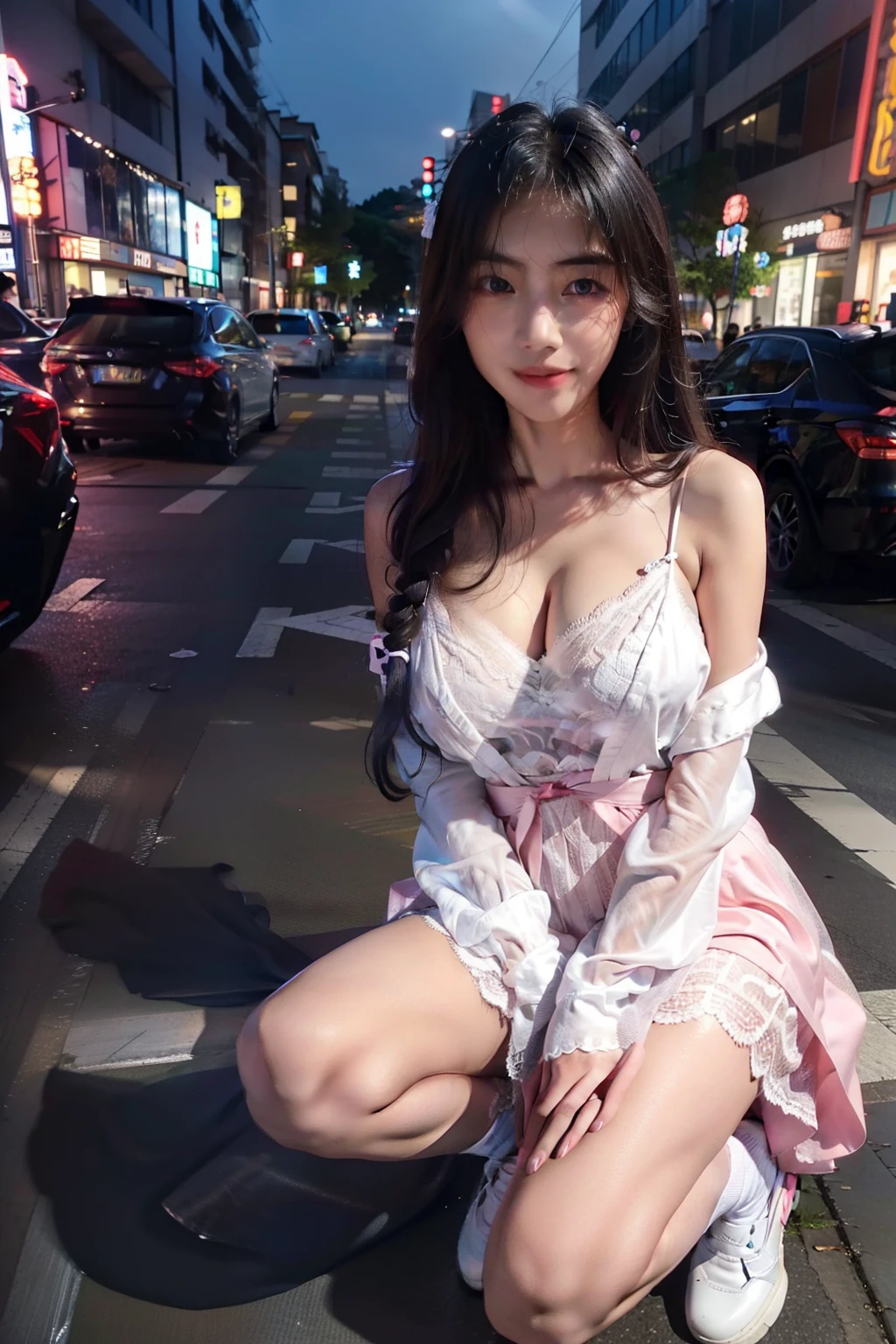 top-quality、Facial focus、Soft light、(depth of fields)、超A high resolution、(Photorealsitic:1.4)、RAW photography、(Above Knees:1.4)、((Bend one knee slightly))2 Japanese girls、Two 20-year-old girls、Colossal tits、(Full of shyness、cold smile:1.1)、(with brown eye)、Detailed beautiful faces、(Cute hairstyle)、high-angle shot、center view、Two Arapefi Asian women wearing satin flashing lights stand on a city street、Very Cute Girl、japanaese girl、Wearing a lace slip dress、Surrealism female students、Surrealism female students、schoolgirl pose、full body Esbian、pretty skin、glistning skin、Lovely thighs、glowing thigh、shiny legs、Black high socks above the knee、high school in Japan 、乃木坂アイドル、韓国アイドル、You are invited in、((Seductive eye))