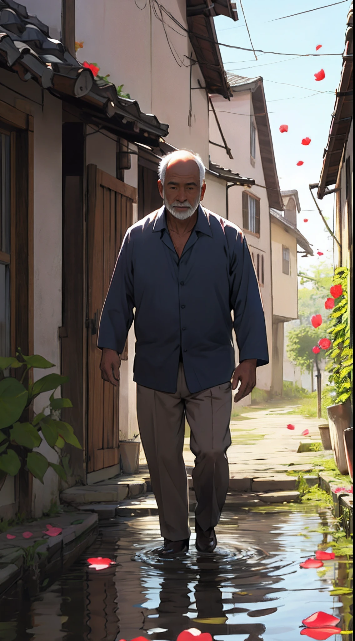 father,solo,walking in the sunlight,village,water drop,petals,