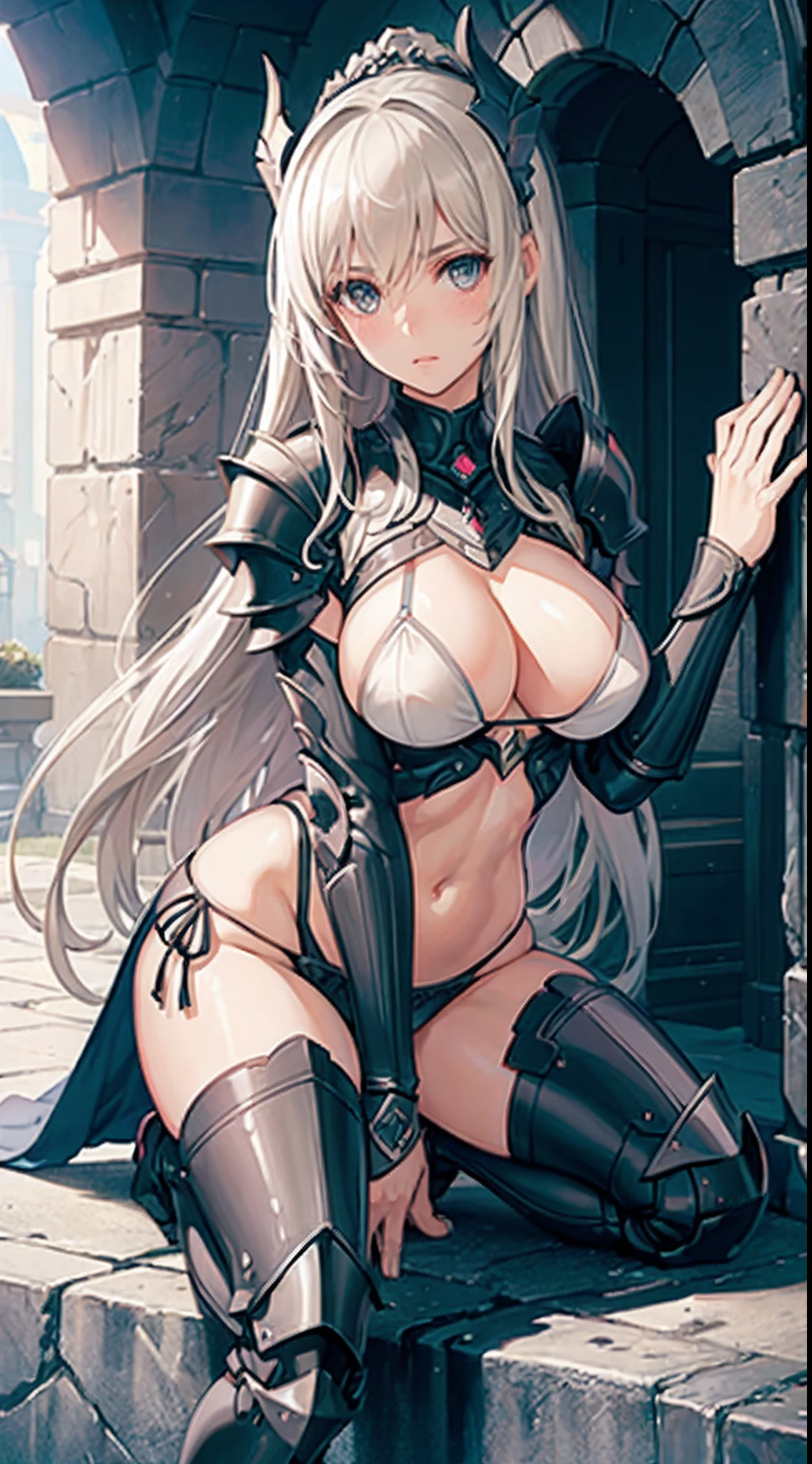 ((slanted eyes)),1girl, solo,(milf), (((mature female,adult female))),masterpiece, Top Quality, ultra-definition, max resolution, A highly detailed, clean skin, extremely sexy,large breasts,blush,high legs,thong,armor girl, bikini armor female knight, Bikini Armor, bikini-armor, bikini-armor, ornate bikini armor, Female knight, Gorgeous Female Paladin,Beautiful armor,cleavage,over-knee sock,in palace