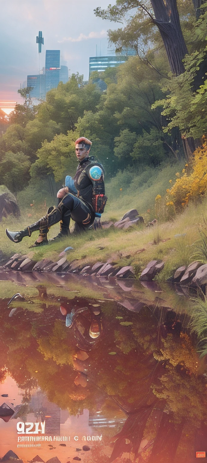 Change background cyberpunk handsome boy , realistic face, 8k ultra realistic cute, technology,sunset background