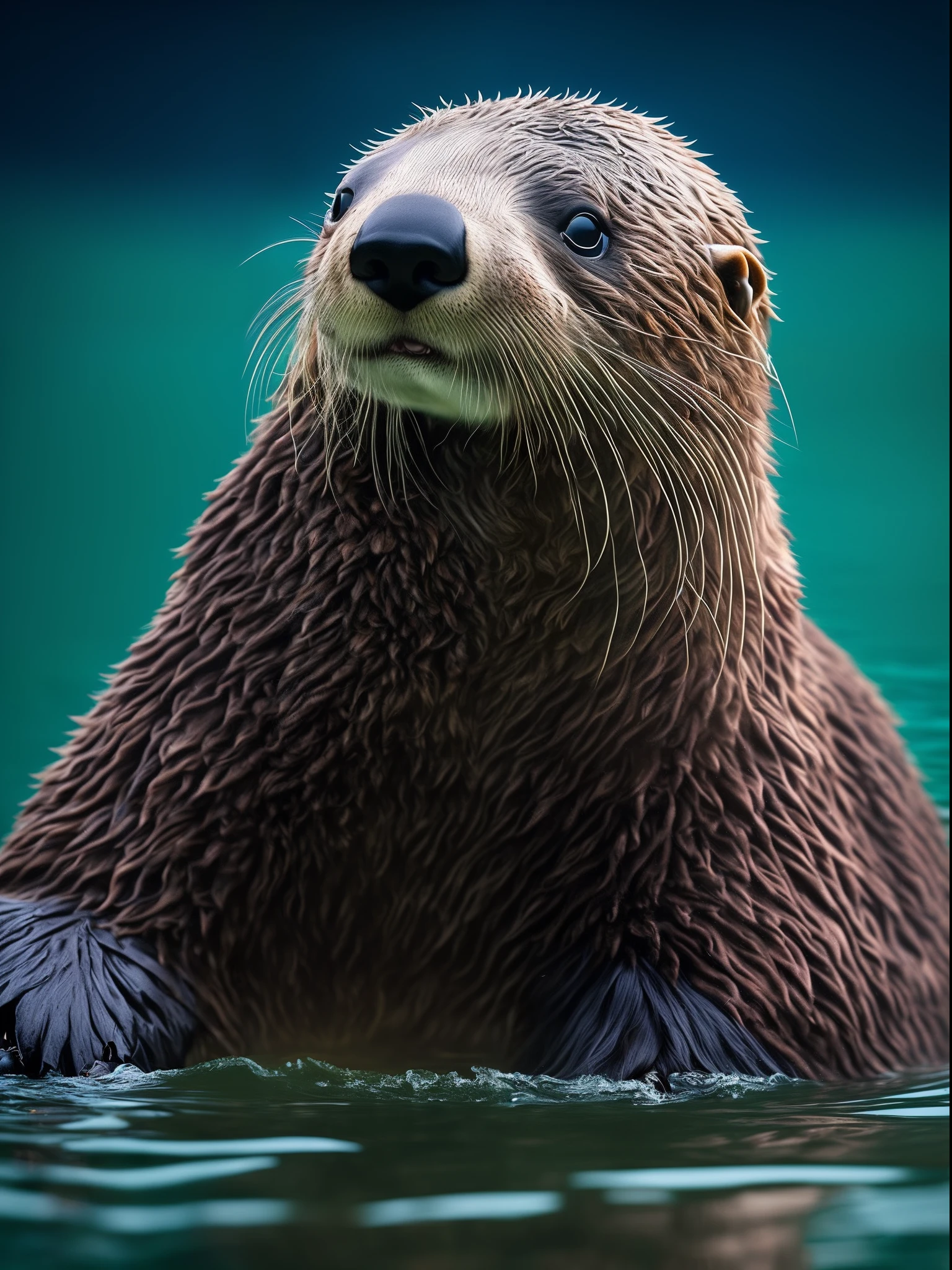 There is a sea otter in the water, The sea otter raised its hands,he is very relaxed, Furry otters, unwind, Sleepy,relaxing, peaceful looking animals, The water is clear and clean,Super realistic, RAW photo, (8K、top-quality、tmasterpiece:1.2)、(intricately details:1.4)、(Photorealsitic:1.4)、Complex 3D Rendering Ultra Detail, vibrant detail, super detailing, Photorealsitic