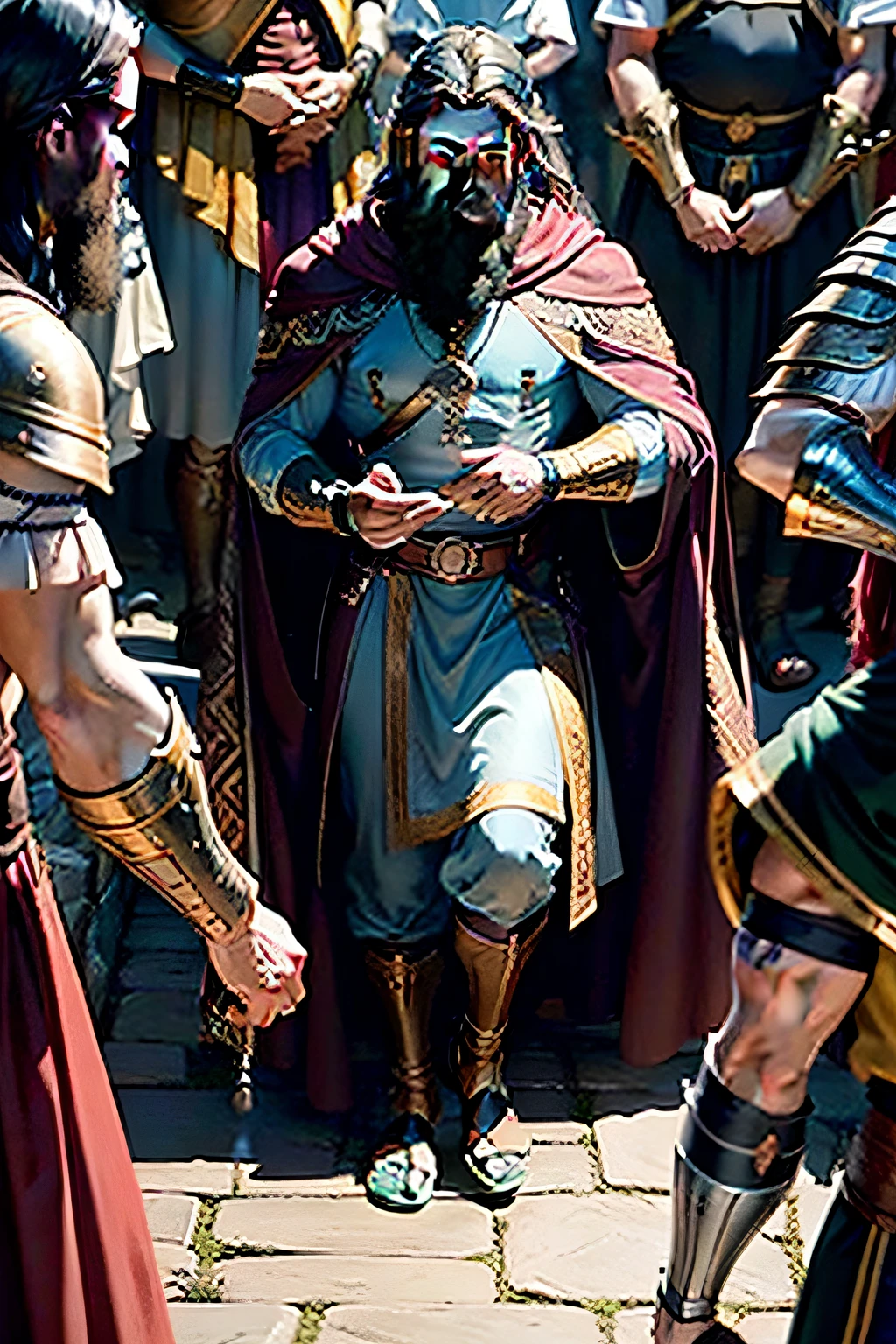PROPHET A LORD Samuel SAMUEL IN THE MIDDLE observing the 8 Muscular Sons of Jesse FROM THE BIBLE THE 8 SONS OF JESSI ARE IN MEDIEVAL CLOTHES AND ARE MUSCULAR WITH MEDIEVAL ARMORthis image, we can see Samuel IN the middle before the sons 8 MUSCULAR SONS IN MEDIEVAL CLOTHES s of Jesse, olhando para eles com expectativa e avaliando cada um. This represents the pivotal moment when God chose the next king of Israel. Emphasis on diversity in children's visual expressions and Samuel's technical attention.