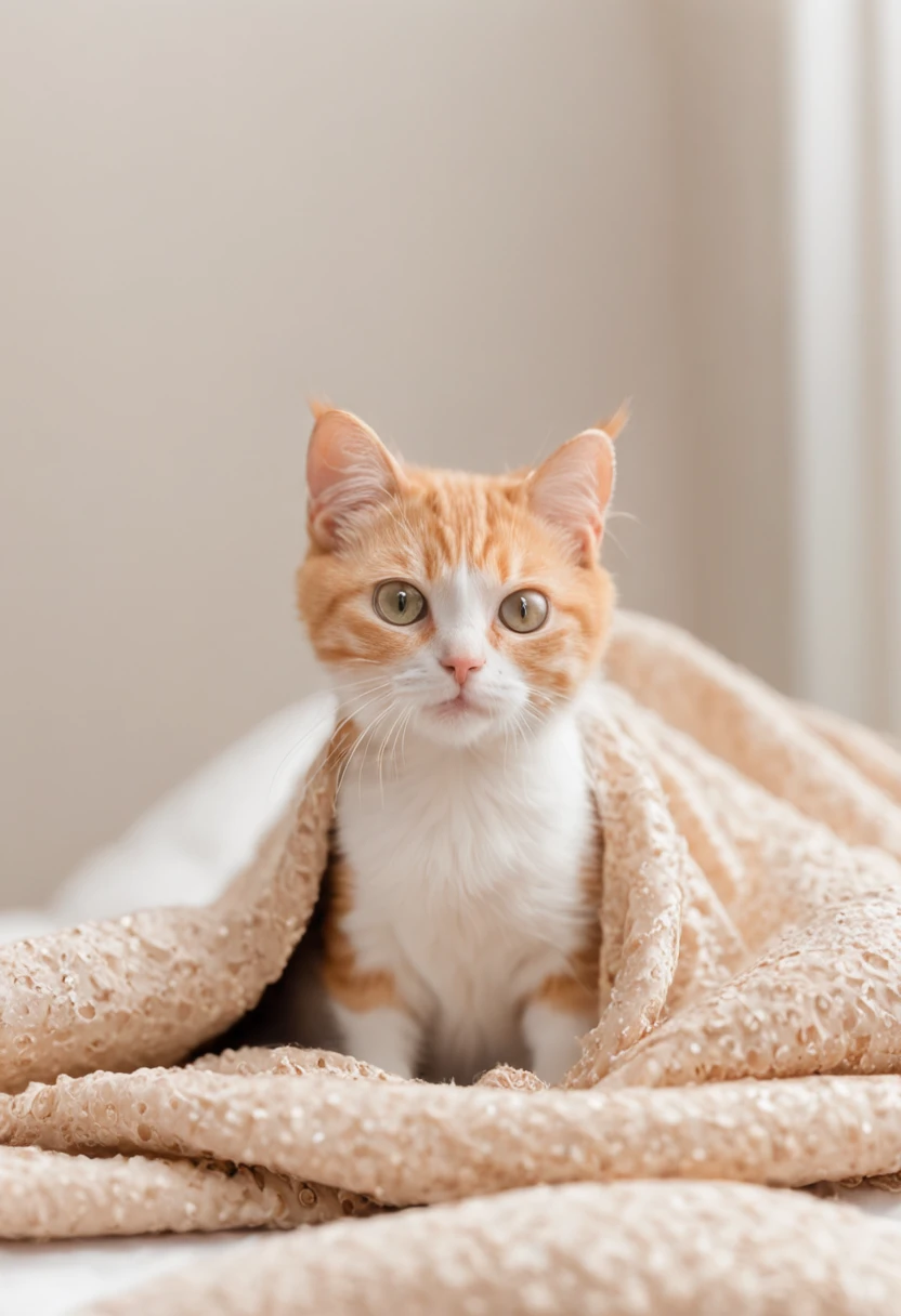 The cat wrapped himself in a blanket on the bed