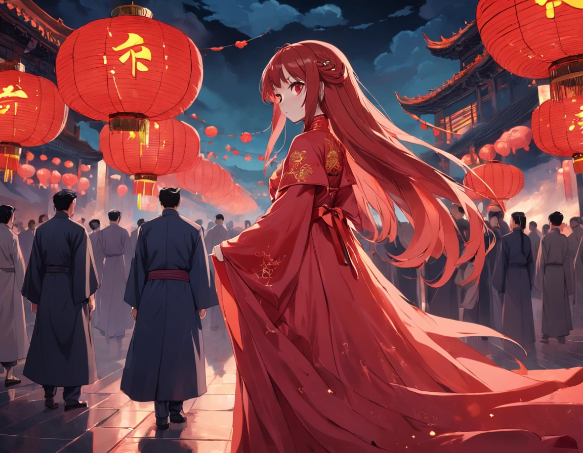 China-style,Wearing a red wedding dress,Poignant female ghost,terroral,uncanny,the night,cool colours。