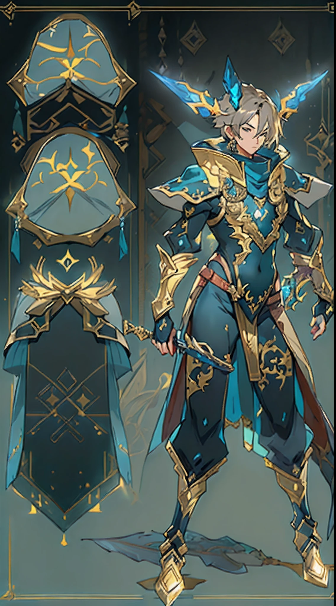 Design a layout showcase Gaming character, ((1boy)), sorcerer:1.4, Golden+Purle clothes, stylish and unique, ((showcase weapon:1.4)), magic staff, (masterpiece:1.2), (best quality), 4k, ultra-detailed, (Step by step design, layout art:1.5), (luminous lighting, atmospheric lighting), Final Fantasy style, magican, ((glove full hands)), fran, viera, (((revealing clothes:1.3))), vambraces, armored legwear, (((full_body_shot:1.4))), Niji, back_view