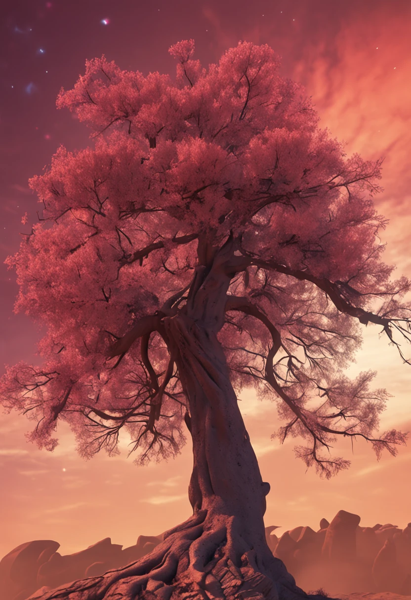 Windy,blue sky background,A tree blown by the wind,A huge tree,A desert