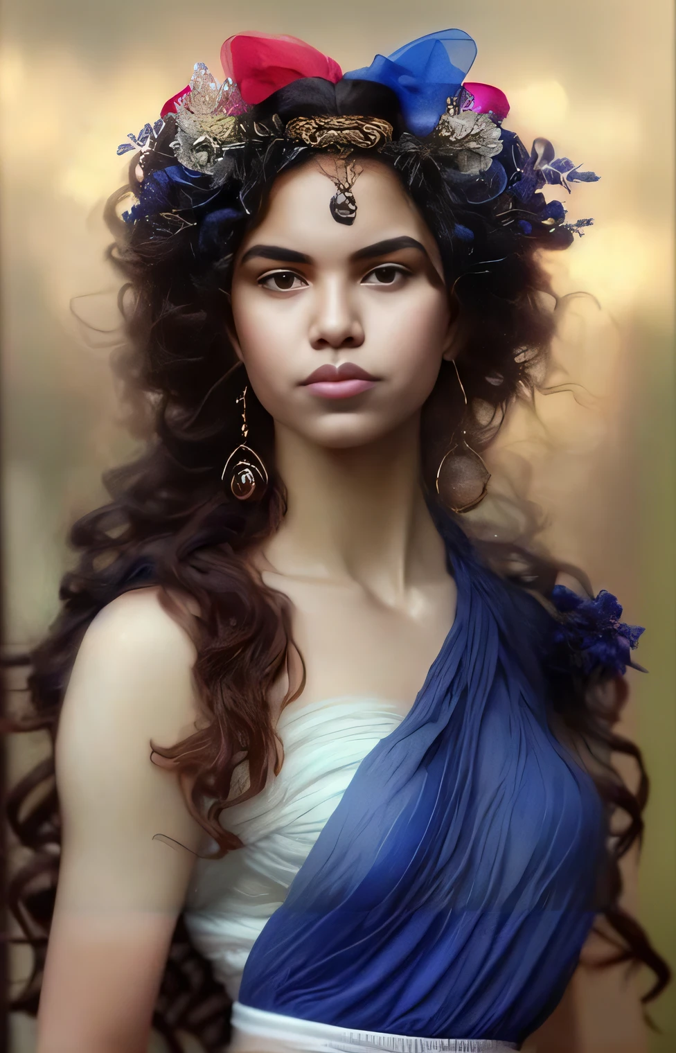 um close up de uma mulher com um vestido azul e uma coroa de flores, Retrato de uma bela deusa, retrato bonito da arte da fantasia, Um retrato impressionante de uma deusa, deusa bonita, donzela bonita, retrato bonito da fantasia, lindo pintura digital, mulher linda, Retrato da Deusa, retrato da arte da fantasia, linda donzela fantasia, arte do retrato da fantasia, mulher muito bonita, modelo bonito, retrato muito bonito