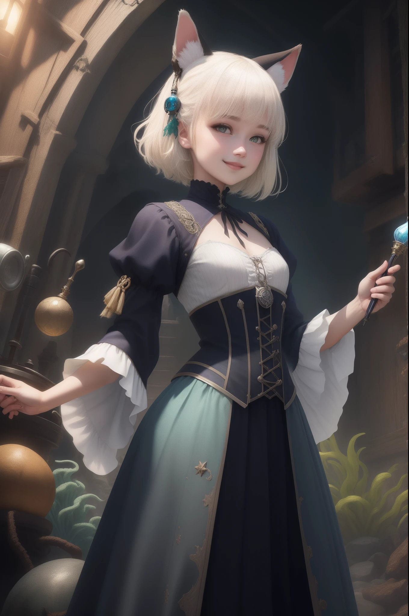 top-quality、high-detail、masterpiece、Leyendecker's style、Fantasy 3D、Ultra wide angle high angle、Aqua Garden、Nordic beautiful girl、Smirking expression、Pretty small face、Light makeup、Cat's ears、Platinum blonde short hair、Medium chest、big butts、alchemist、Holding a magic wand in both hands、Gothic dress with long sleeves、long skirt、the reef、Colorful seaweed、Wreckage of a pirate ship、borgar、thirds rule