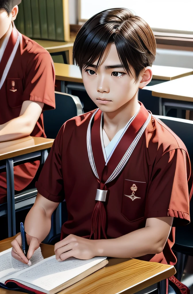 校服, red neckchief, Libido boy, Listen calmly and attentively in the classroom。