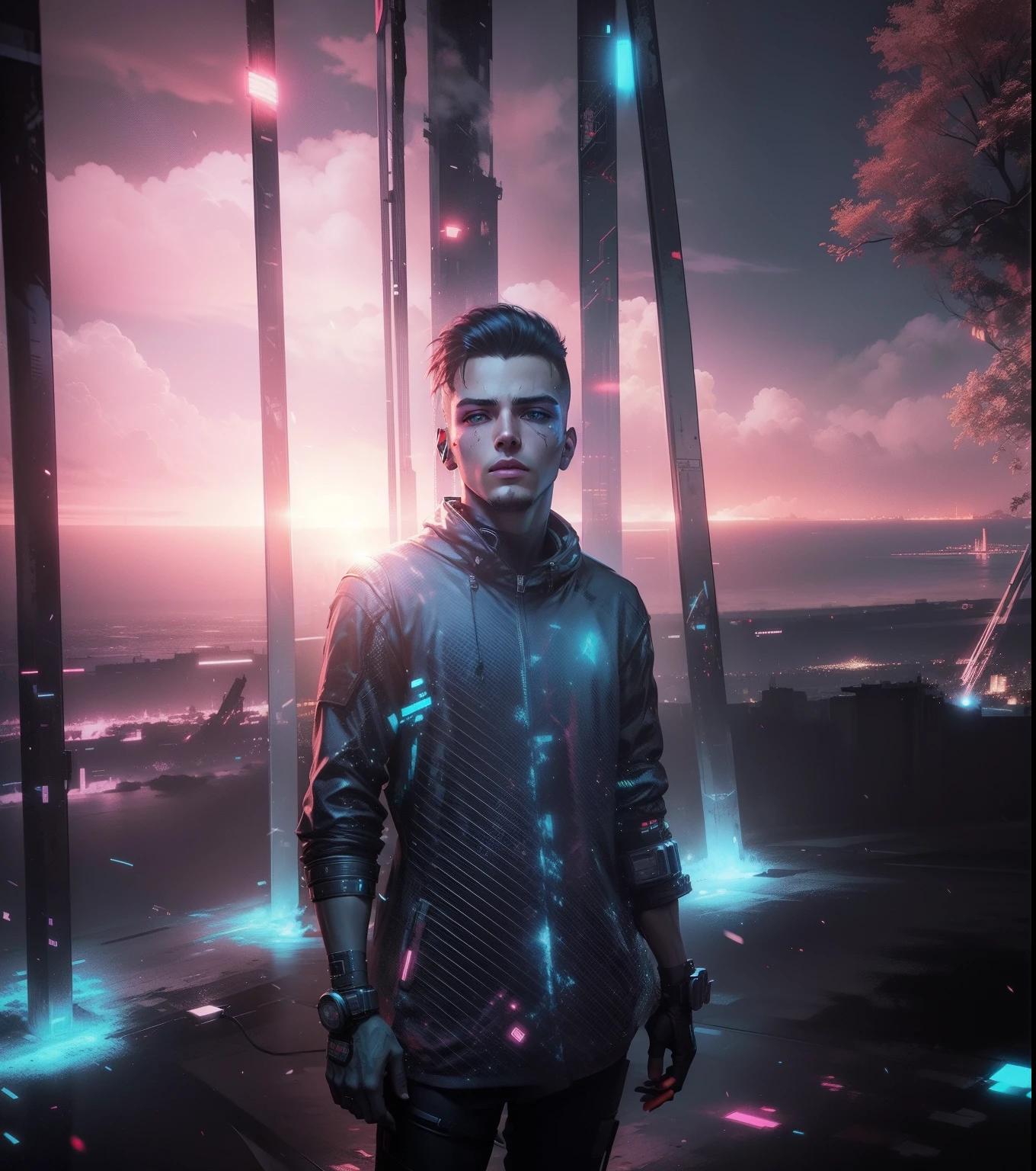 Change background cyberpunk, gaming image, handsome boy