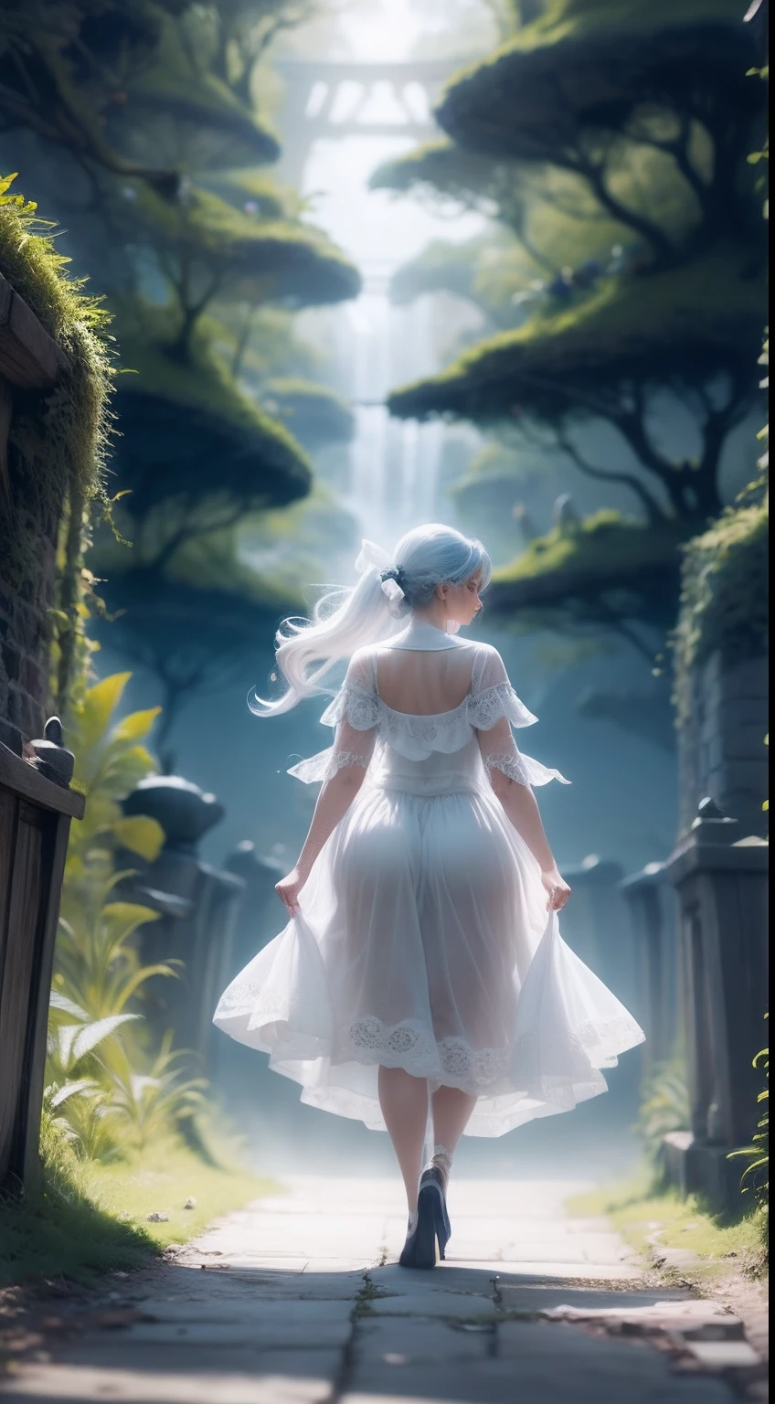Woman and man walk through a fairy wearing a beautiful reality dressed in bright white