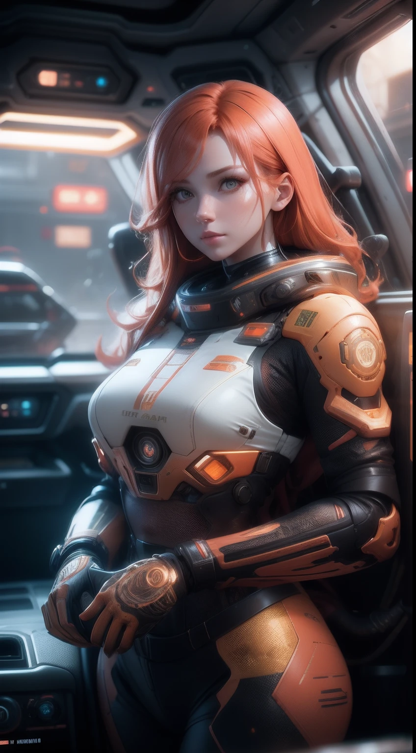 Natural redhead woman, mistic, Simulating horror, Inkjet printing, Polaroid, Octane rendering, Soft focus, Badge, Orange colors, hallyu, Golden hour lighting, Ultra-realistic intricate details, finely detailed, Automotive interior design, rendering by octane, 8K