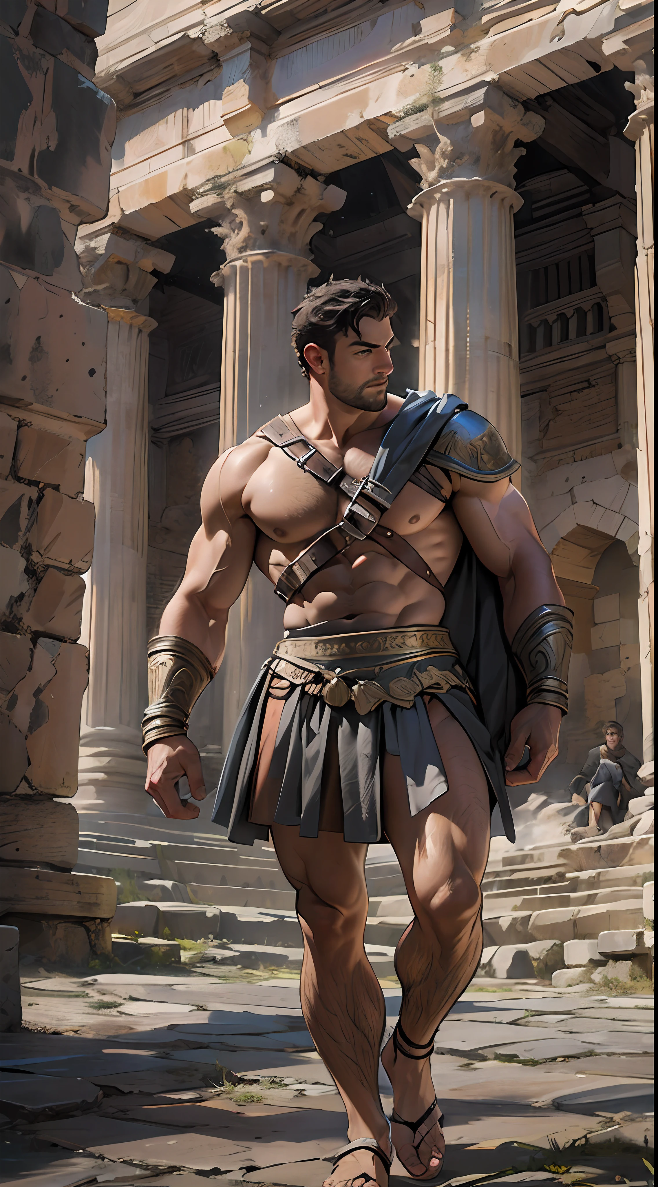 Herculean gladiator, bare chest, lower body revealed from thighs to feet, long curls cascading, meticulous muscle definition, photorealistic portrayal, 4K quality. Background: Colosseum in ancient Rome,32k uhd, best quality, masterpiece, super detail, high details