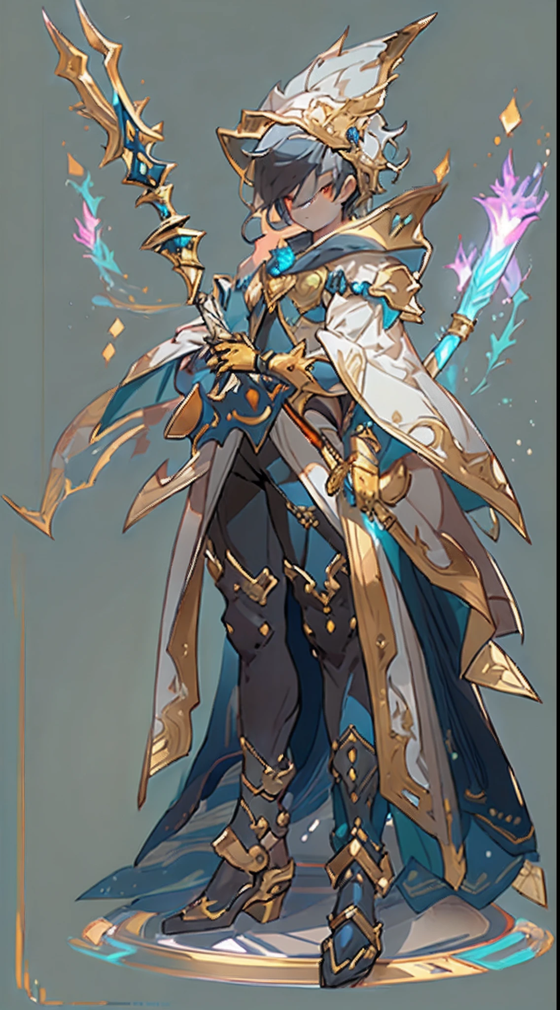 Design a layout showcase Gaming character, ((1boy)), sorcerer:1.4, Golden+Purle clothes, stylish and unique, ((showcase weapon:1.4)), magic staff, (masterpiece:1.2), (best quality), 4k, ultra-detailed, (Step by step design, layout art:1.5), (luminous lighting, atmospheric lighting), Final Fantasy style, magican, ((glove full hands)), fran, viera, (((revealing clothes:1.3))), vambraces, armored legwear, (((full_body_shot:1.4))), Niji, back_view