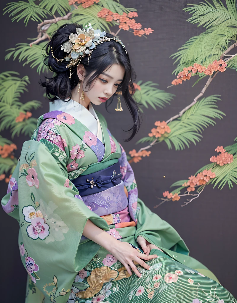 (Beautiful model in Japanese kimono commercial, beautiful straight long black hair), solo, ((face is 80% beauty and elegance, 20% pretty and cute:1.5)), clear eyes, (detailed eyes, light green eyes, bright pupils), Double Eyelids, (sexy lips with a little thickness:1.2), ((super detailed and incredibly high resolution Deep-purple Kimono:1.2)), Highly Detailed Face Texture, striking body shape, curvy and very attractive woman, high-resolution RAW color photo pro photo, BREAK ultra high-resolution textures, High-res body rendering, big eyes, unparalleled masterpiece, incredible high resolution, super detailed, stunning ceramic skin, BREAK ((Facing back to show the pattern of the Kimono:1.5)), ((Wearing a Yohen-Tenmoku kimono that uses a lot of glittering Deep-purple:1.5)), ((The main color is Deep-purple and the Yohen-Tenmoku Kimono has very colorful embroidery:1.2)), (Half-collar and Obi are White) ,(elaborately made classical Japanese Yohen-Tenmoku Kimono), ((The embroidery pattern is a Yohen Tenmoku pattern reminiscent of outer space):1.2), ((elaborately and elegantly decorated Deep-purple Kimono)), (Taken in front of a round fusuma window in a Japanese-style room)) BREAK ((Best Quality, 8k)), Crisp Focus:1.2, (Layer Cut, Big:1.2), (Beautiful Woman with Perfect Figure:1.4), (Beautiful and elegant rear view:1.3), Slender waist, (Correct hand shape:1.5), (Full body shot | cowboy shot)