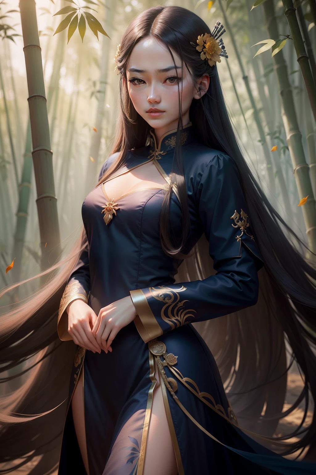 Beautiful woman in navy blue dress，Long flowing hair and delicate facial features，It exudes purity, Noble and confident temperament。Armed with the general's sword and elaborate clothes, He showed the Chinese style,dynamic viewing angle，full of seduction，Deep in the bamboo forest，In the bamboo forest，Bamboo leaves fall，Small safflower，bamboo forest background，The clouds are thick，Dramatic composition，k hd,The facial features are very delicate,Simulate 8K