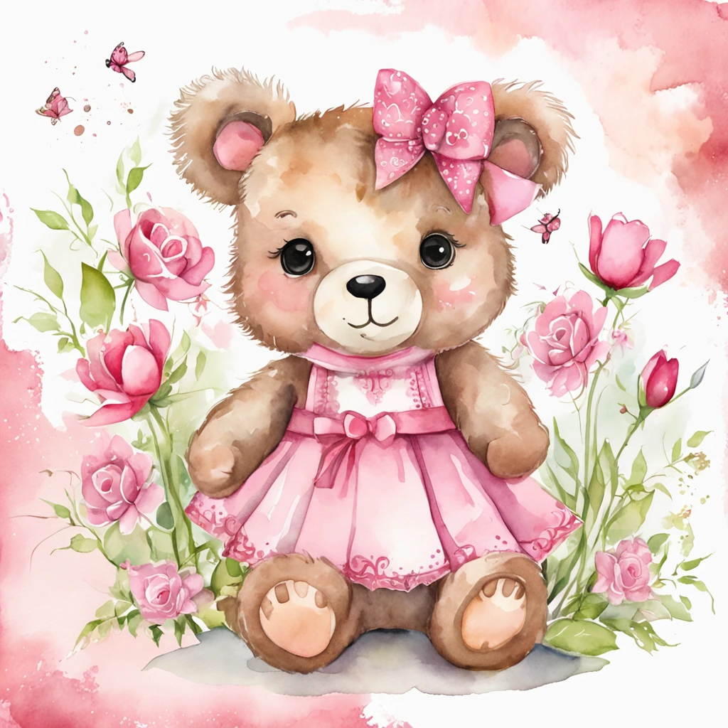 Teddy Bear's Enchanting Adventure
Watercolor vector illustration of an adorable kawaii style teddy bear with big expressive brown eyes, pink mouth, wearing a pink lacy dress with delicate bows and lots of details (the bear has a pink flower on its head), she is standing on a digital rendering, magical clean background by Anne Stokes
Detailed Description: This kawaii watercolor teddy bear captures the essence of charm and sweetness. Her expressive brown eyes and soft pink mouth radiate joy and affection. The pink dress with delicate lace and charming bows complements her charming look. Details are key here, with a pink flower gracefully positioned at her head. She stands upright in a digital rendering, standing against a magically clean background that is Anne Stokes' trademark.
Setting: A dream garden, where colorful flowers dance under an ethereal sky.
Atmosphere: A fairytale atmosphere that evokes the feeling of being in a magical and enchanting world.
Style: Watercolor illustration with a touch of fantasy and magic.
Realization: Using digital watercolor techniques to create an image rich in details and textures, which transports the viewer to a magical world.