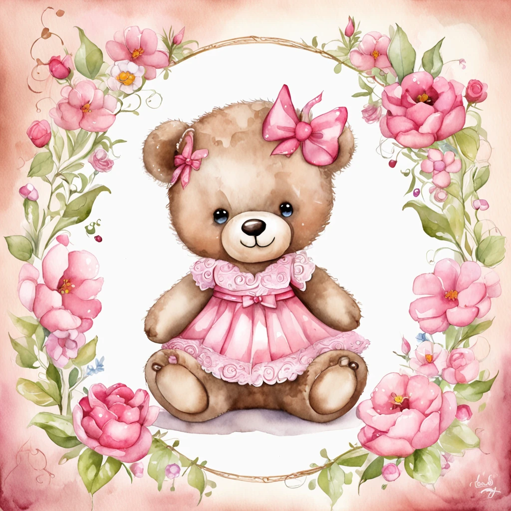 Teddy Bear's Enchanting Adventure
Watercolor vector illustration of an adorable kawaii style teddy bear with big expressive brown eyes, pink mouth, wearing a pink lacy dress with delicate bows and lots of details (the bear has a pink flower on its head), she is standing on a digital rendering, magical clean background by Anne Stokes
Detailed Description: This kawaii watercolor teddy bear captures the essence of charm and sweetness. Her expressive brown eyes and soft pink mouth radiate joy and affection. The pink dress with delicate lace and charming bows complements her charming look. Details are key here, with a pink flower gracefully positioned at her head. She stands upright in a digital rendering, standing against a magically clean background that is Anne Stokes' trademark.
Setting: A dream garden, where colorful flowers dance under an ethereal sky.
Atmosphere: A fairytale atmosphere that evokes the feeling of being in a magical and enchanting world.
Style: Watercolor illustration with a touch of fantasy and magic.
Realization: Using digital watercolor techniques to create an image rich in details and textures, which transports the viewer to a magical world.