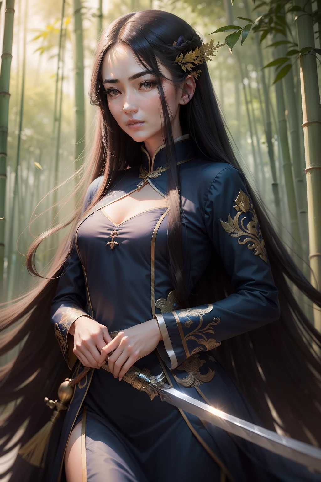 Beautiful woman in navy blue dress，Long flowing hair and delicate facial features，It exudes purity, Noble and confident temperament。Armed with the general's sword and elaborate clothes, He showed the Chinese style,dynamic viewing angle，full of seduction，Deep in the bamboo forest，In the bamboo forest，Bamboo leaves fall，Small safflower，bamboo forest background，The clouds are thick，Dramatic composition，k hd,The facial features are very delicate,Simulate 8K