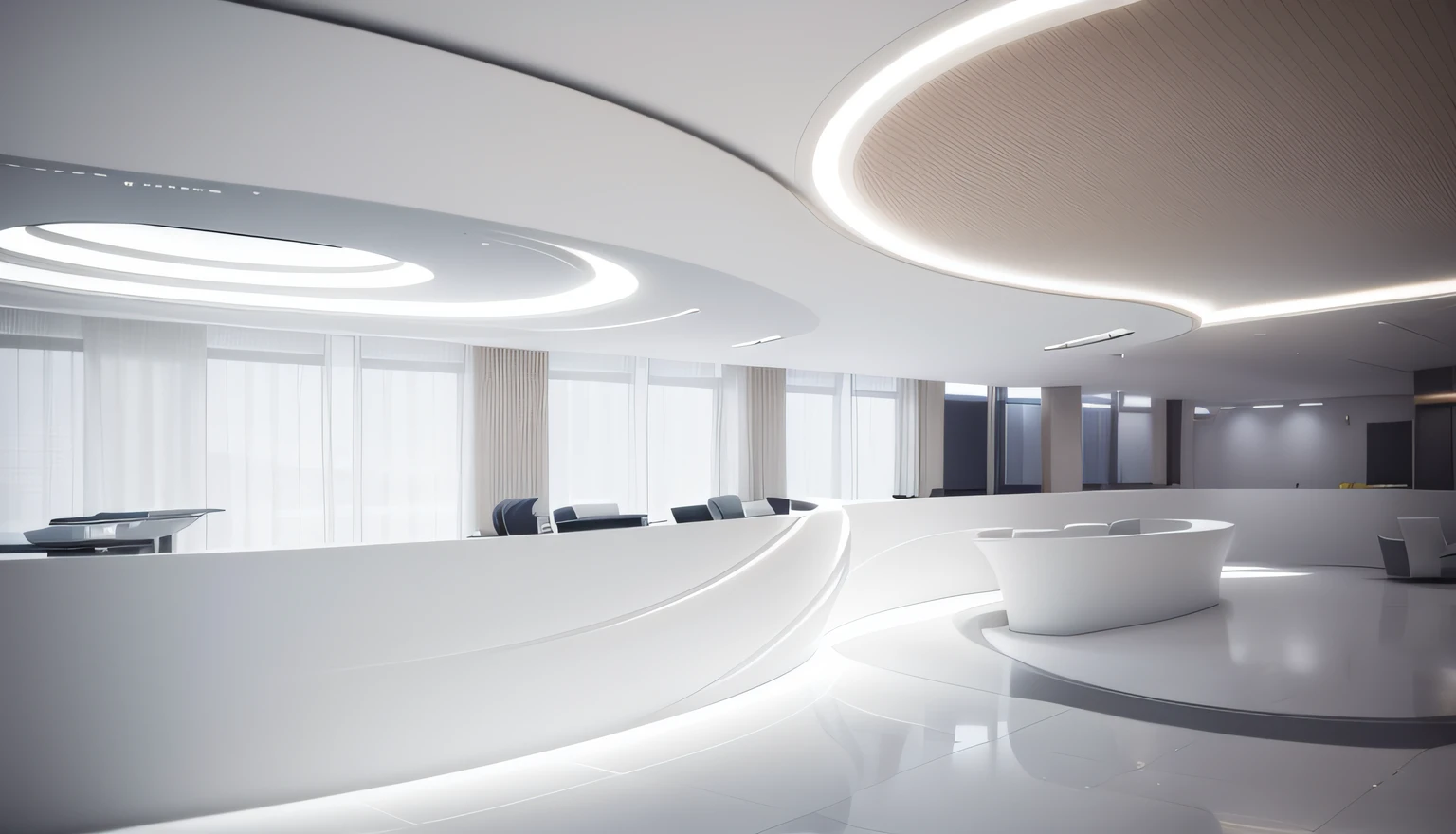 a white reception table with a curved design in a large lobby, lighting turn on in ceiling , back ground is ( perfect ) minimalist white wall ( lighting realistic, see throung office workspace), by Zha Shibiao, minimalist interior, cinematic, details , interior design, great design, white design