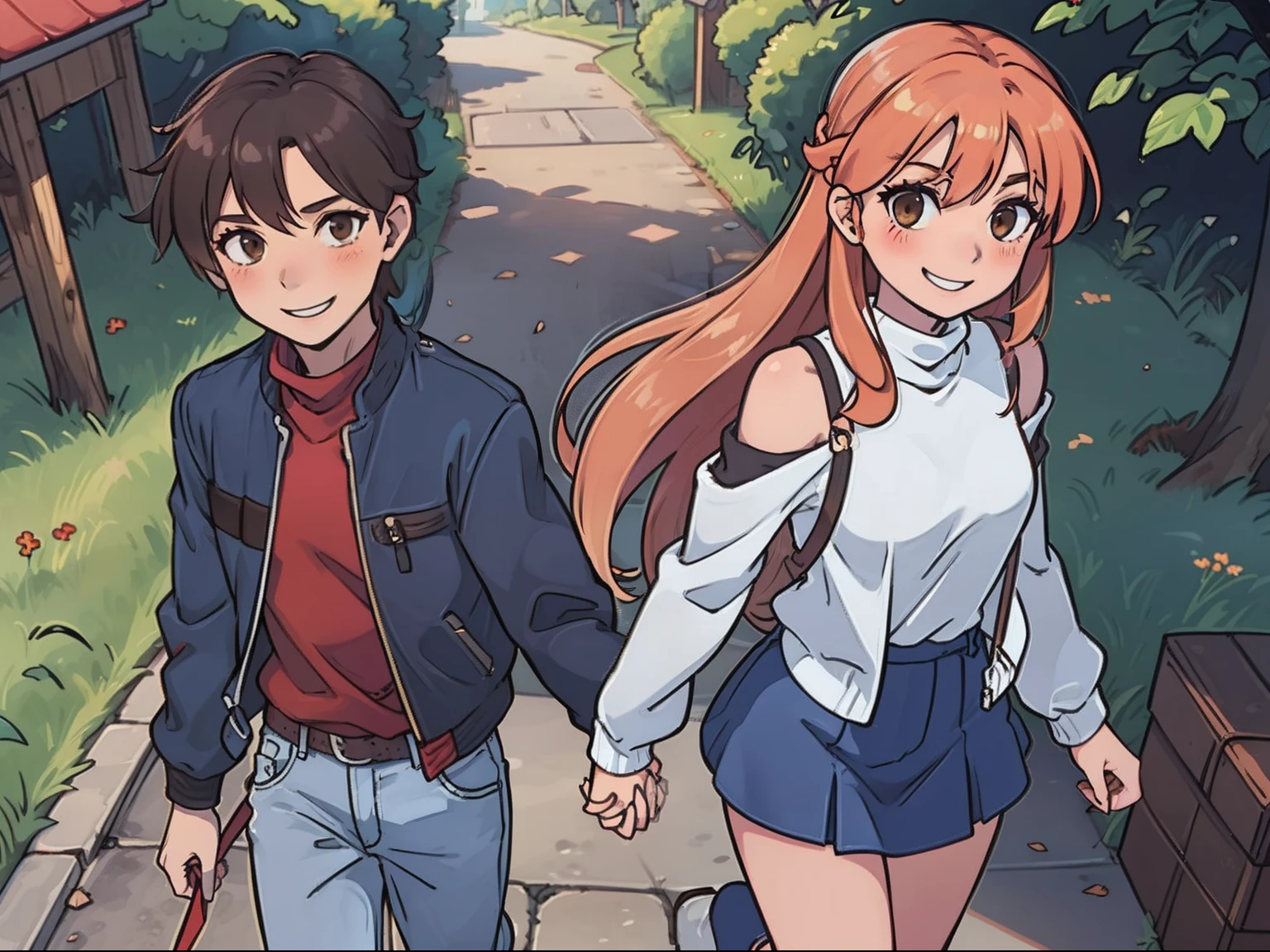 (Asuna1 holding hands with Boy1), (Asuna1, female, long blond hair, brown eyes, blue off-shoulder turtleneck top, red short skirt, white sandals, smiling, blushing), (Boy1, male, short red brushed-up hair, red bandanna, brown eyes, black leather jacket, blue jeans, smiling), walking happily, no 3rd person
