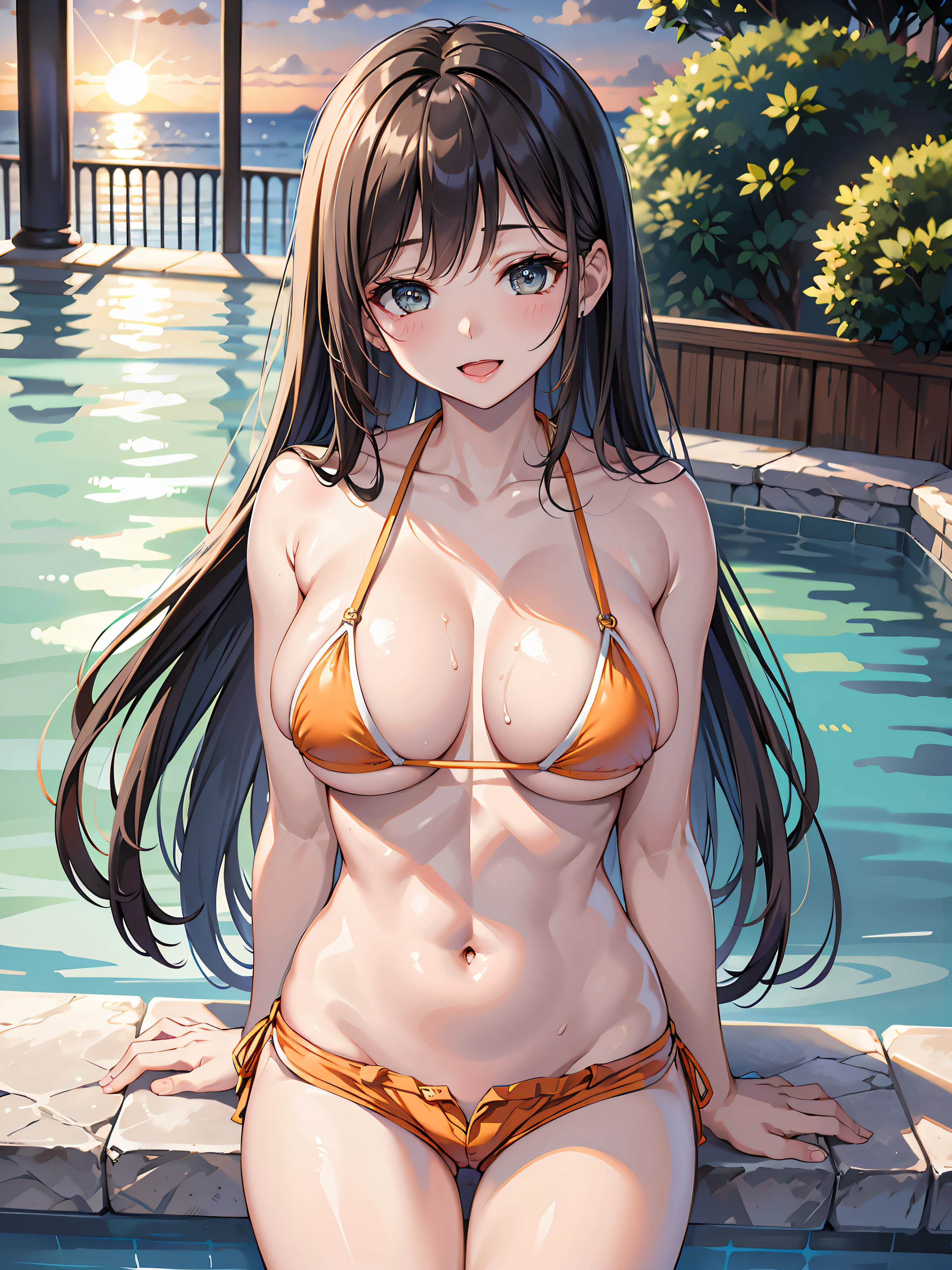 (1girl:1.3, solo), (Masterpiece, best quality, photorealistic, highres, photography, :1.3), ultra-detailed, sharp focus, professional photo, commercial photo, (upper body:1.3), (walkini in pool:1.3,
in water:1.3, breasts on water:1.37), (((starring at the viewer:1.5))), BREAK, 1girl, solo, milf, European girl, hot model, (attractive model:1.37), (promotional model:1.2), highly detailed eyes and pupils, realistic skin, (attractive body, gigantic breast:1.38, disproportionate breasts:1.38, thin waist:1.15), thin hair, single braid hair, shiny-black hair, extremely detailed hair, delicate sexy face, sensual gaze, shiny lips, BREAK, (orange bikini:1.3), (shorts:1.3), detailed clothes, BREAK, (outdoor, hotel pool background, in pool, water, breasts on water:1.3, blurry background:1.25, simple background, no-human background, detailed background), (under sunset:1.37), BREAK, (attractive posing), ((realistic, super realistic, realism, realistic detail)), perfect anatomy, perfect proportion, bokeh, depth of field, hyper sharp image, (attractive emotion, seductive smile:1.2, happy:1.2, blush:1.2, :d:1.2, :p:1.2), 4fingers and thumb, perfect human hands, wind,