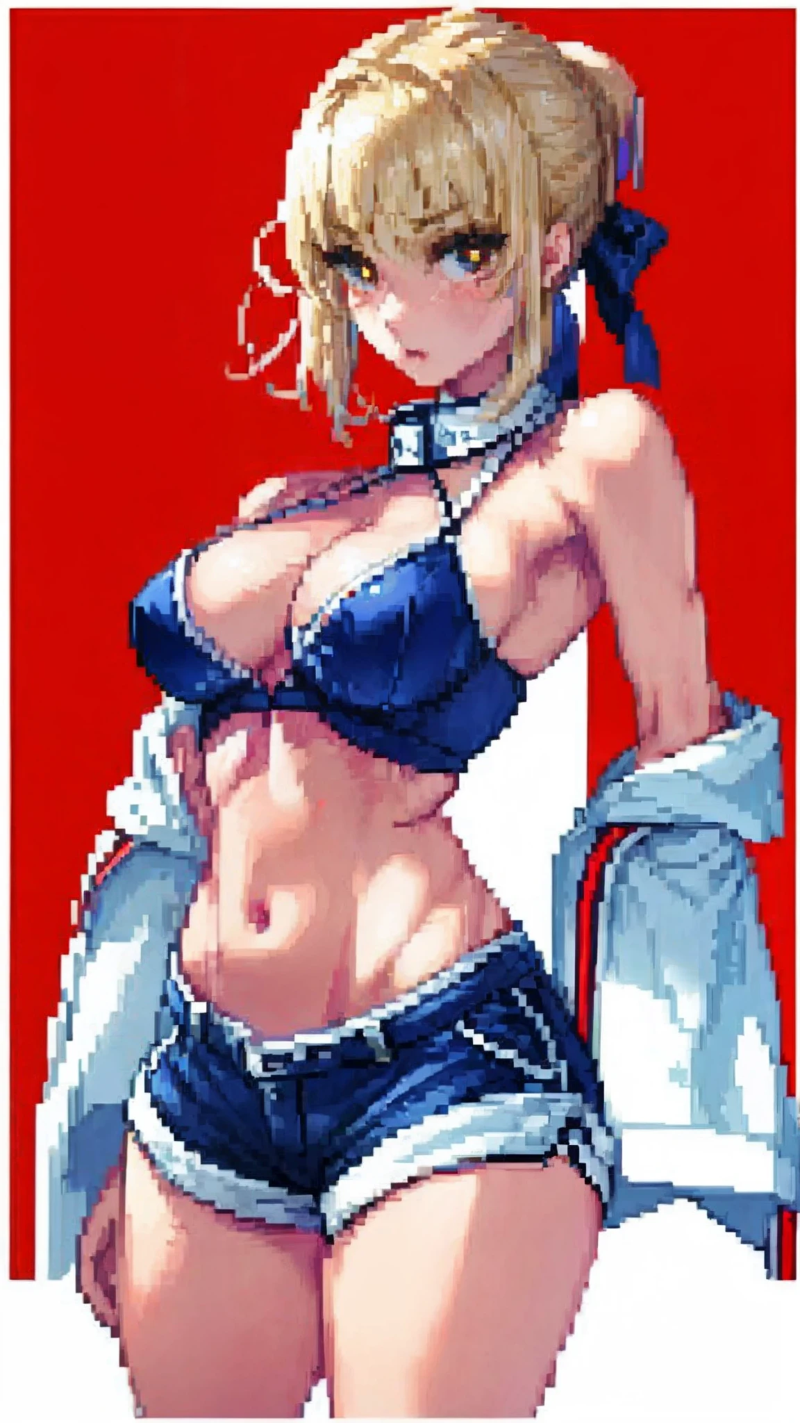 saber,(A white border around a red rectangular background:2.5),cropped shoulders,Ultra shorts,C cup,stocklings,High detail,Moles under eyes, Heart-shaped pupils,Love pupils,Fleshy thighs,highly rendered,detailed face with