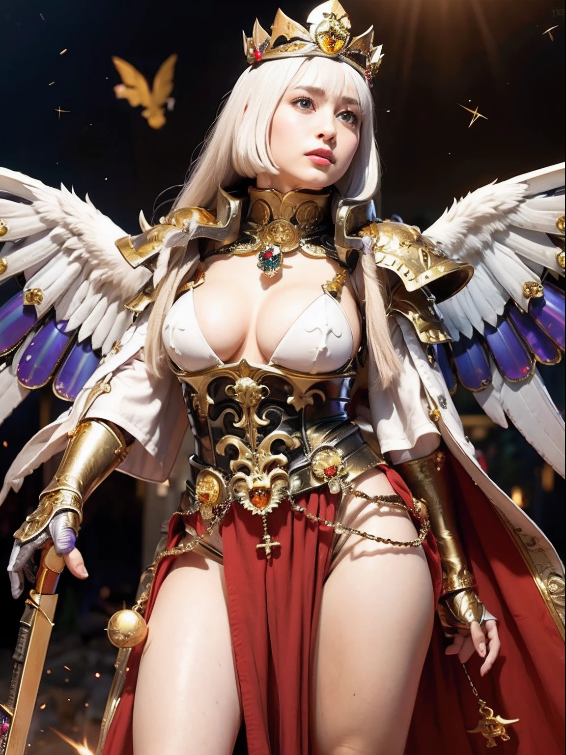 Professional , masterpiece、top-quality、photos realistic , depth of fields 、(A dark-haired) 、(Gemstone White Metal Body:1.9),(Matte White、Jewel Gold Weapon(Jewel Metal Body:1.4),Gorgeous metal weapons ,(( Detailed and gorgeous sword of the brave)) ,Light Effects、intense fighting、Wind-effect、magic circles、 (A dark-haired) ,warhammer 40k ,Detail and ornate jewel crown、((Micro Bikini Armor))、((Gangle's forest background))、Beautiful Caucasian beauty、1a person、dynamic ungle,(((Detailed and ornate diamond crown)))、Smaller head、A smile、Background inside the castle、Thin and beautiful female hands、cleavage of the breast、Soldier in iron armor on background、Mystical expression、Light Effects、intense fighting、Wind-effect、magic circles、With the legendary magic wand、(wings of light)、Toostock、Anatomically correct body、