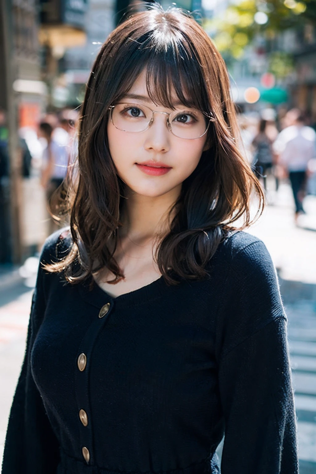 (8K、Raw photography、top-quality、masterpiece:1.2)、(realisitic、Photorealsitic:1.37)、ultra-detailliert、超A high resolution、女の子1人、see the beholder、beautifull detailed face、A smile、Constriction、(Slim waist) :1.3)、Green autumn clothes、(large full breasts)、Beautiful detailed skin、Skin Texture、Floating hair、((Long hair that goes up to the chest))、Professional Lighting、In front of the station at noon、((Black-rimmed square glasses ))、Whole human body、Brown hair