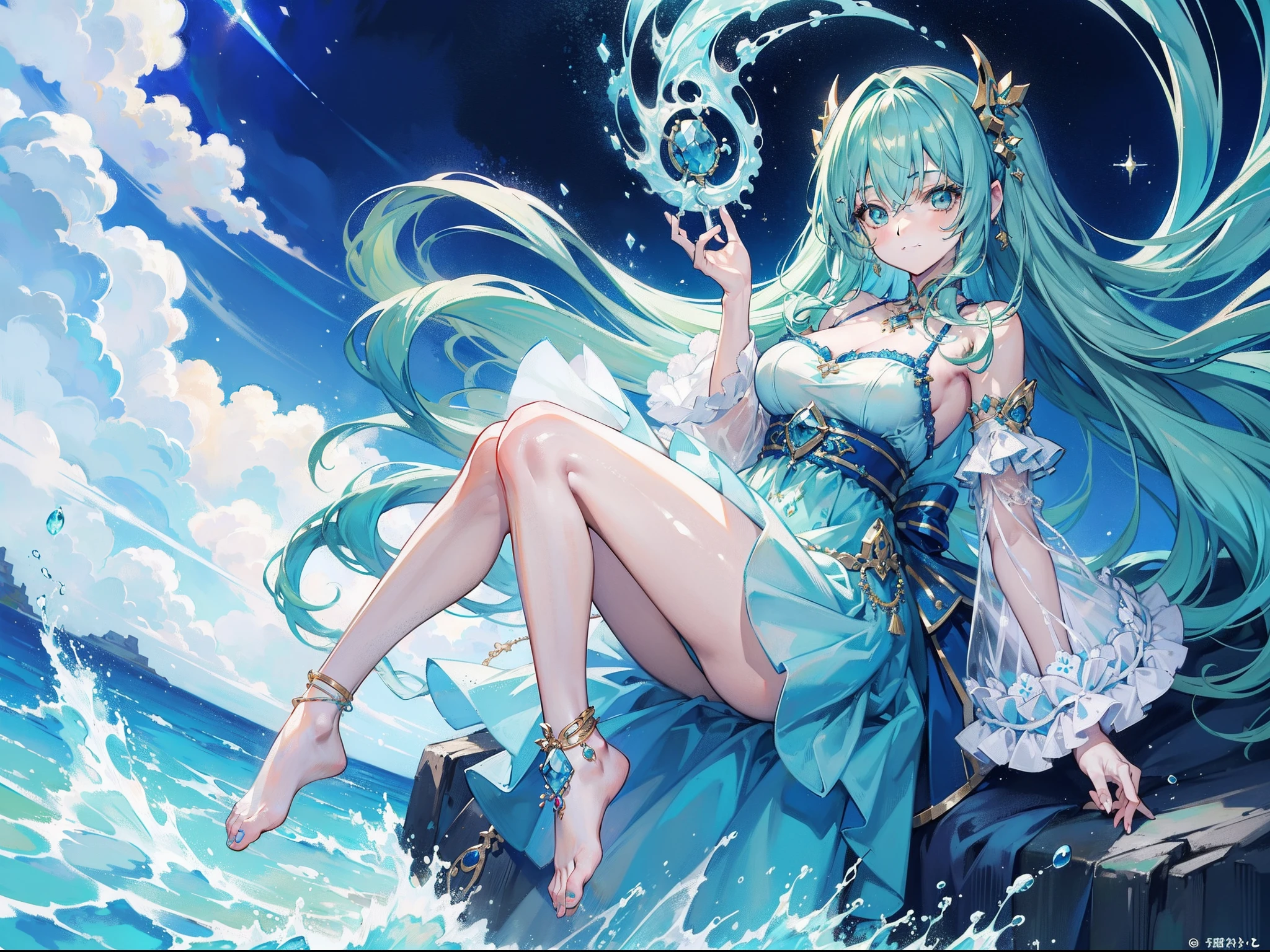 ((masterpiece:1.2))、Beautiful girl with green hair,Curly,Disheveled hair,Pastel Blue Dress,A deep blue gemstone is set on the chest.,bare-legged,Wear a blue ankle ring on your ankle,Staff with deep blue gemstones,Behind him is a terrifying wave,With a smile