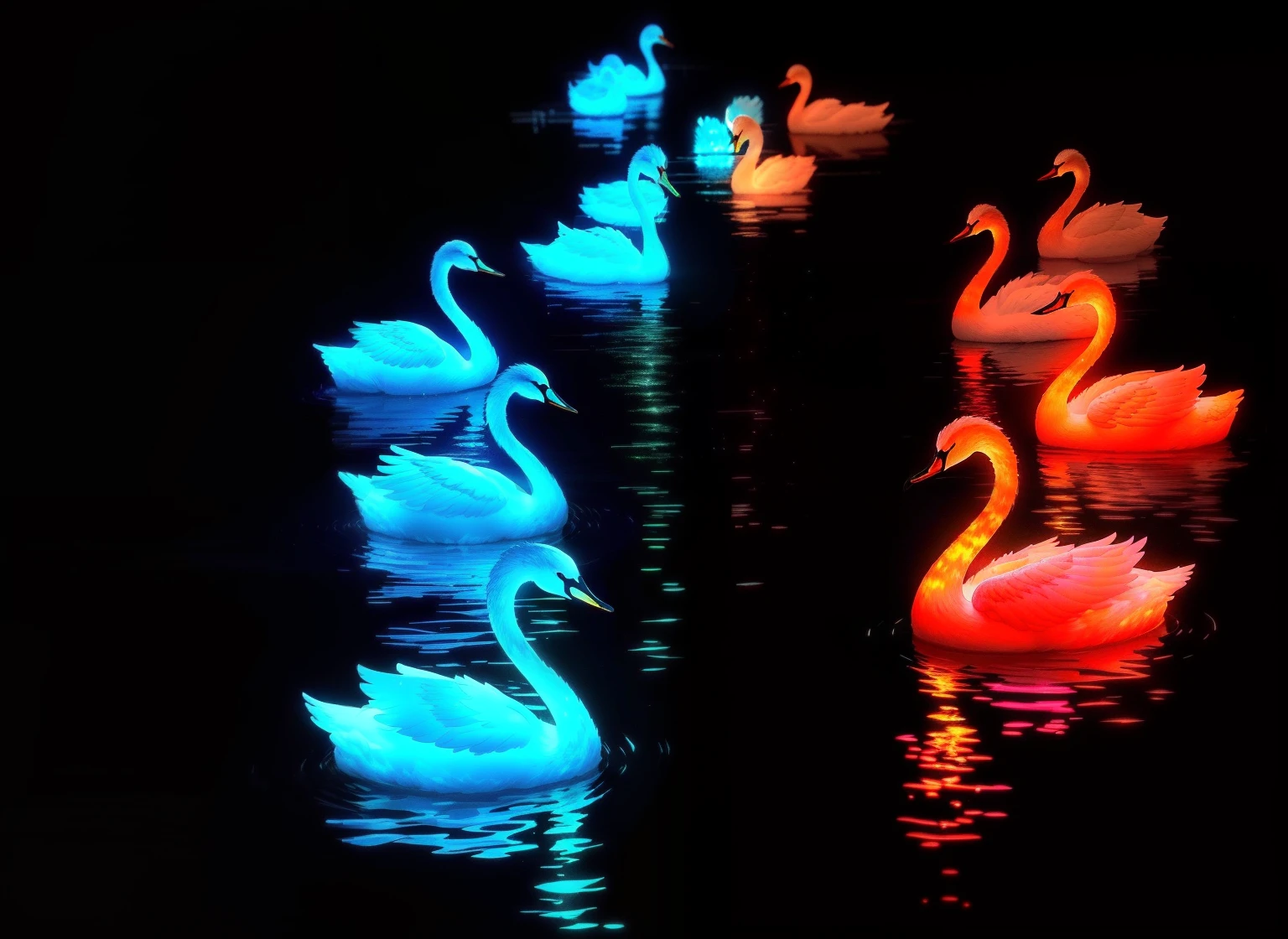 Several white swans float in the water with colored lights, luminescent colors, glow in the dark, Vivid glowing colors, radiating a glow, swans, glowing colors, neon color bioluminescence, glowing feathers, Colorful glow, glowing with colored light, Glowing water with caustics, made of glowing wax and ceramic, Bright glow，Form different formations，Z-shaped