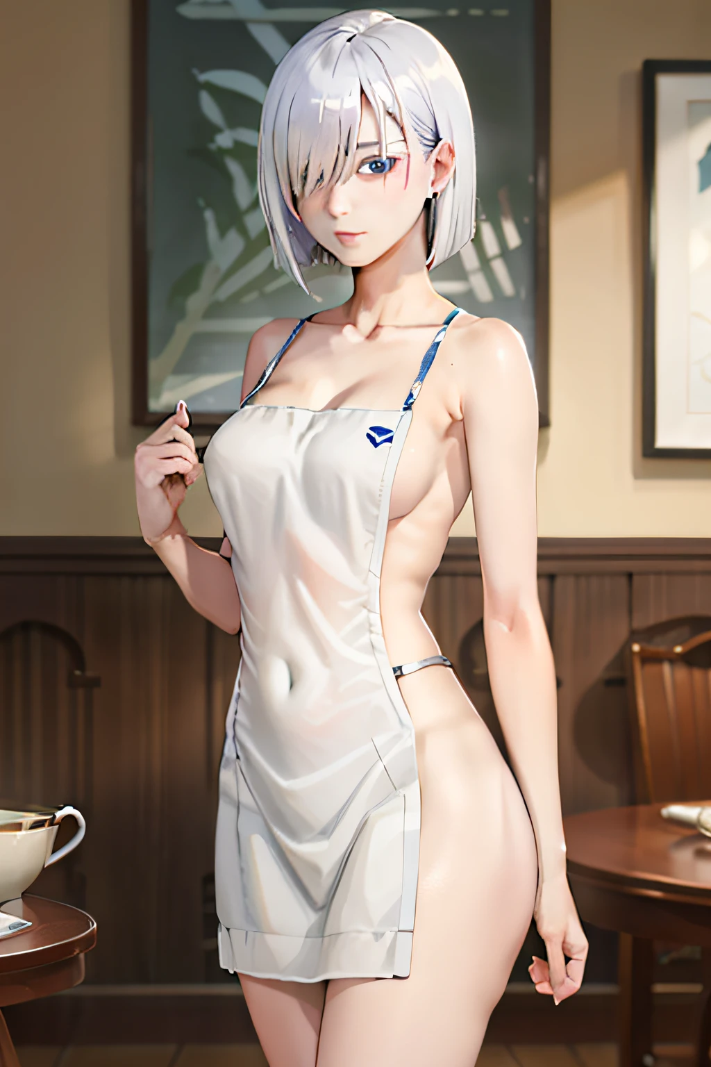 (masterpiece, best quality:1.2), cowboy shot, solo, 1girl, fiona frost, expressionless, closed mouth, looking at viewer, short white hair, hair over one eye, purple eyes, naked apron, large breasts, living room