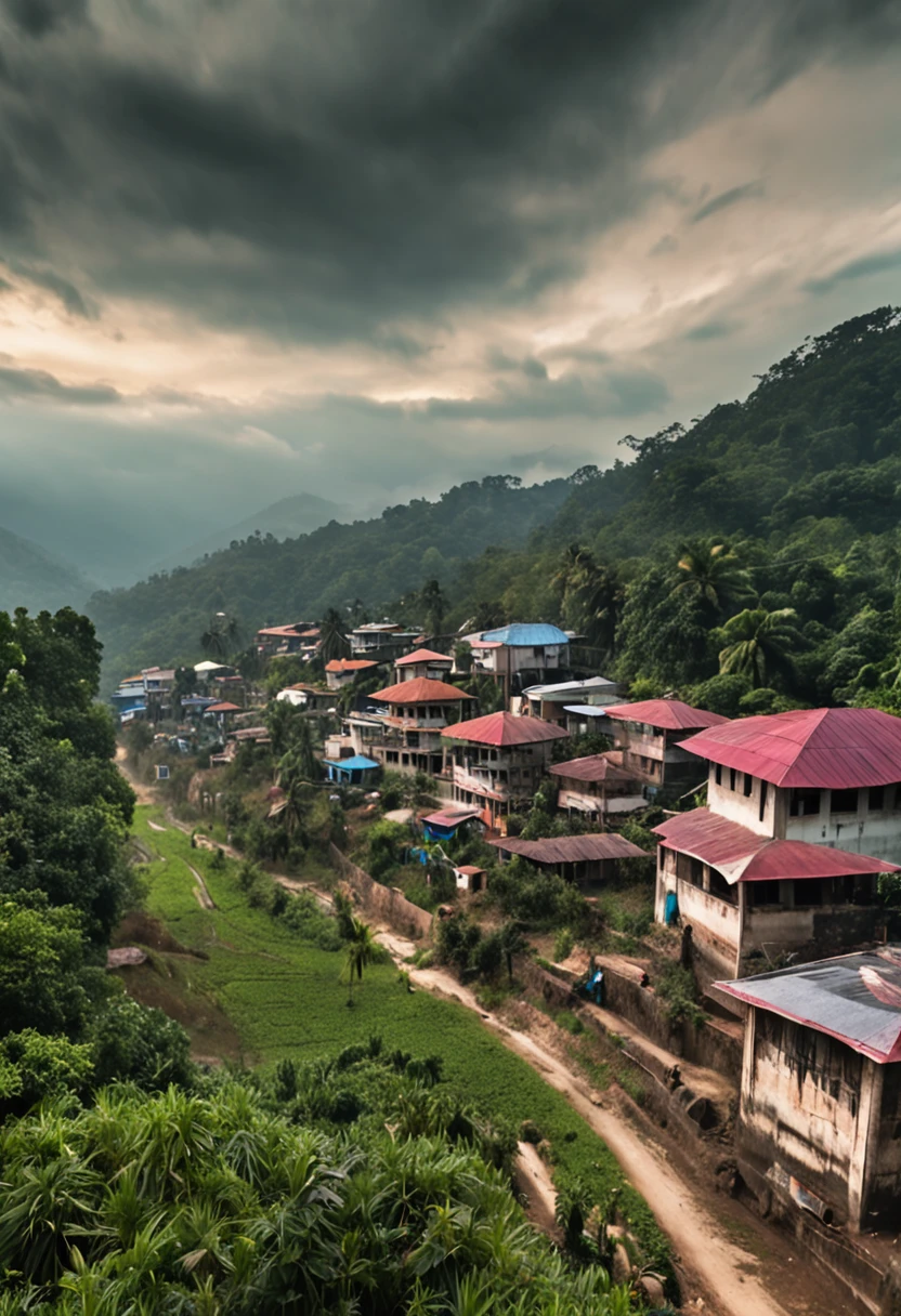 arafed view of a road in a village with a mountain in the background, hideen village in the forest, uttarakhand, view of villages, above view, surrounding the city, guwahati, far view, assam tea village background, assamese, assamese aesthetic, panorama view, high view, view from above, city view, round buildings in background, cold, dark