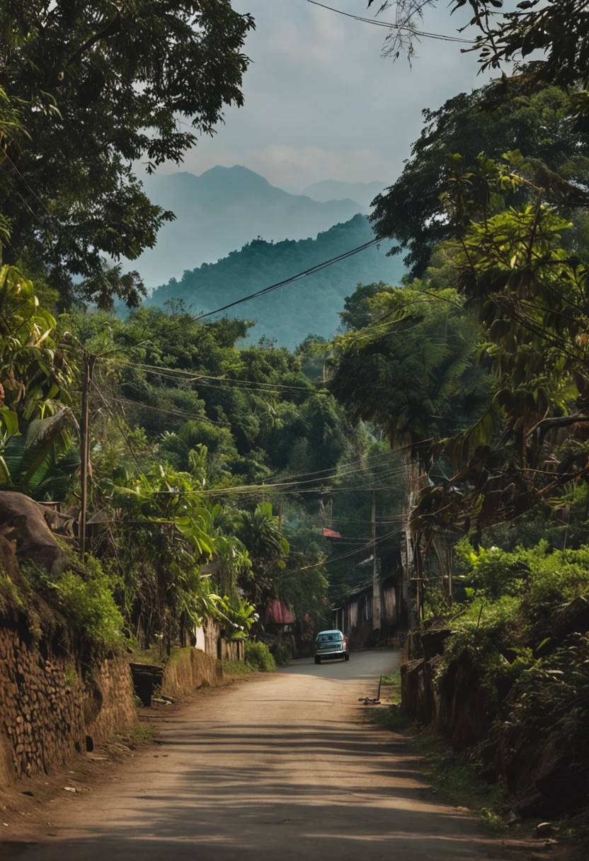 arafed view of a road in a village with a mountain in the background, hideen village in the forest, uttarakhand, view of villages, above view, surrounding the city, guwahati, far view, assam tea village background, assamese, assamese aesthetic, panorama view, high view, view from above, city view, round buildings in background, cold, dark