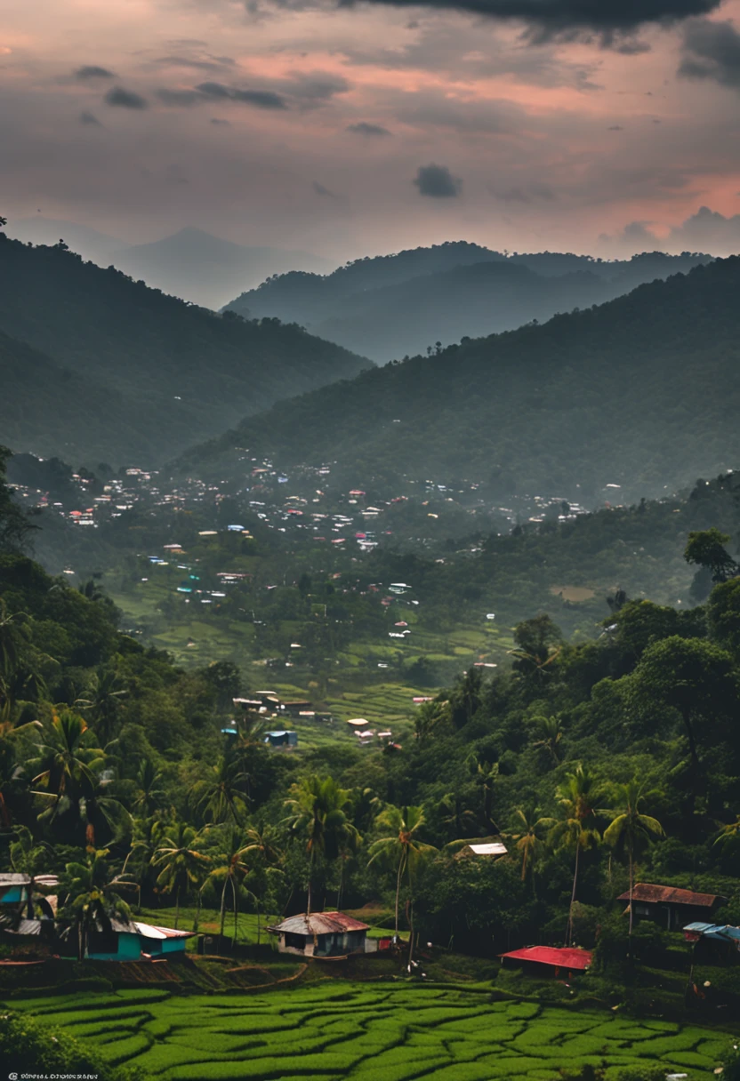 arafed view of a road in a village with a mountain in the background, hideen village in the forest, uttarakhand, view of villages, above view, surrounding the city, guwahati, far view, assam tea village background, assamese, assamese aesthetic, panorama view, high view, view from above, city view, round buildings in background, cold, dark