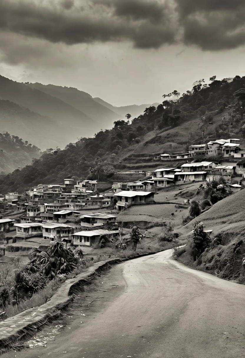 arafed view of a road in a village with a mountain in the background, hideen village in the forest, uttarakhand, view of villages, above view, surrounding the city, guwahati, far view, assam tea village background, assamese, assamese aesthetic, panorama view, high view, view from above, city view, round buildings in background, cold, dark